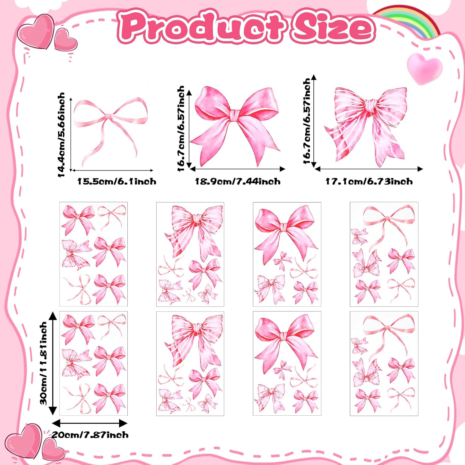 8Sheet/46PCS Pink Bow Wall Stickers, Bow Wall Decals for Bedroom and Bathroom, Bows Wallpaper for Valentine's Day Girls Party Home Bedroom Nursery