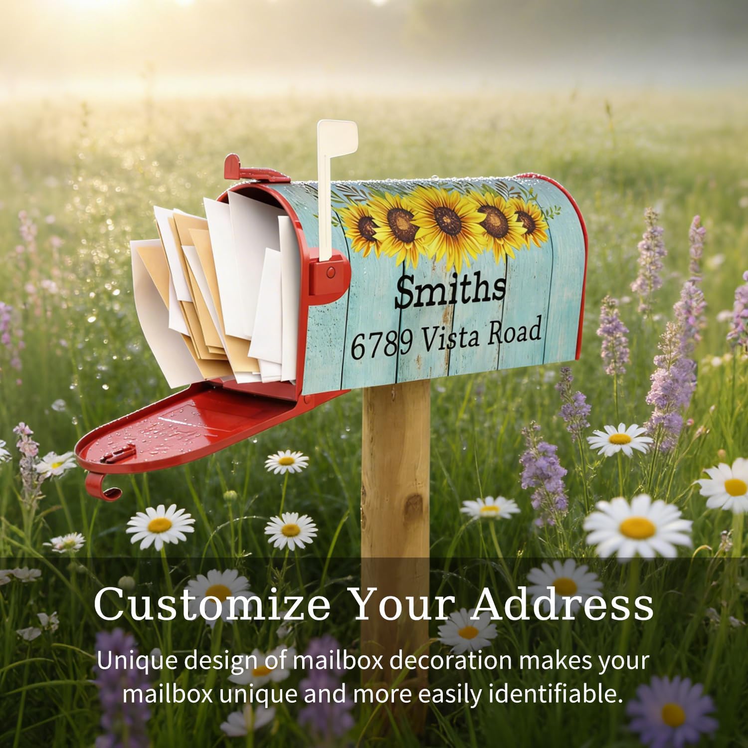 Retro Blue Wooden Texture Watercolor Sunflowers Personalized Family Name Address Mailbox Covers Magnetic Wedding Gifts Post Letter Box Covers Mailbox Wraps for Garden Yard Decor