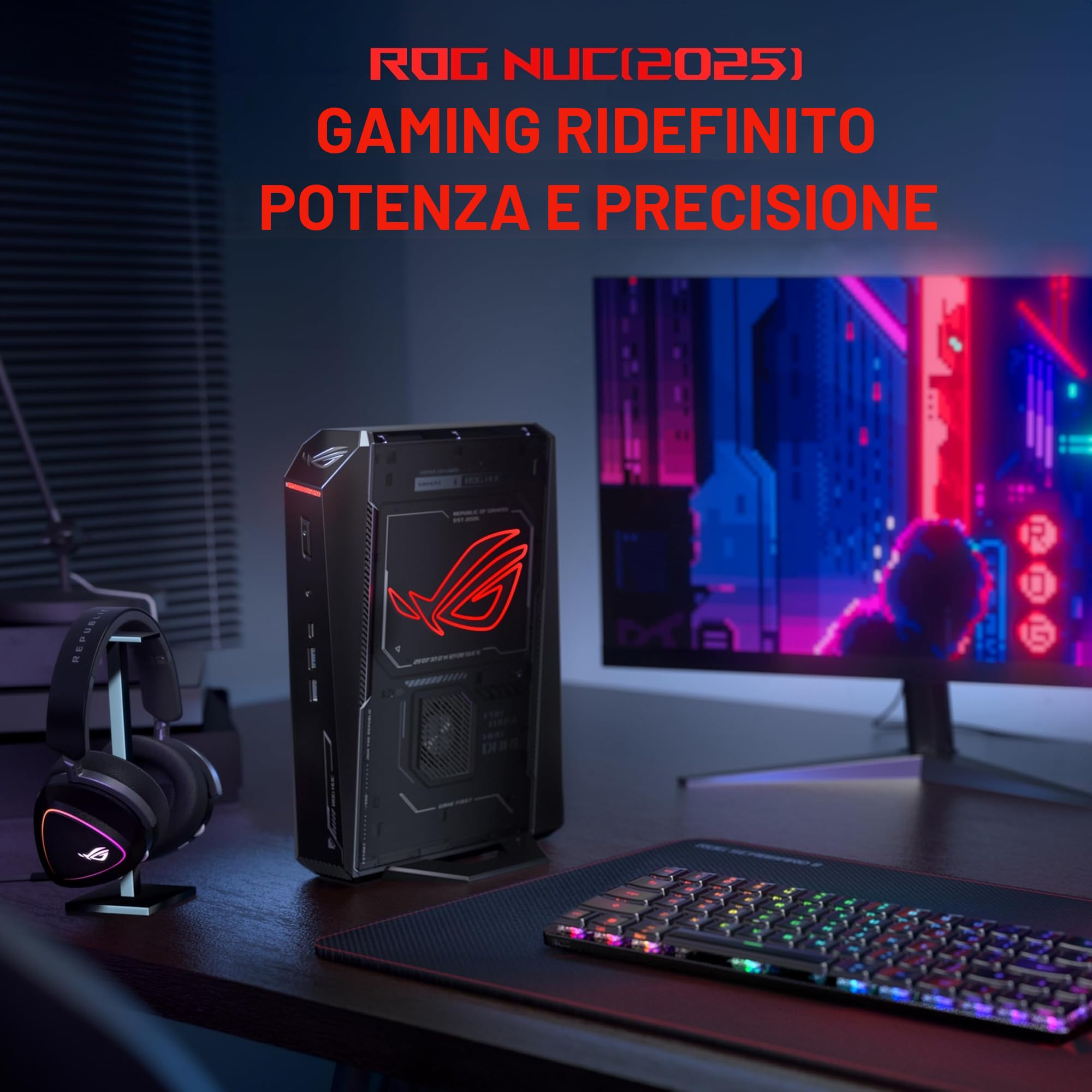 Mini PC da gioco ROG NUC (2025) con CPU ARL-HX Intel Core Ultra 9 (Serie 2), GPU mobile NVIDIA GeForce RTX 5070, RAM DDR5 da 32 GB, SSD NVMe da 1 TB, Thunderbolt 4, raffreddamento a tripla ventola e