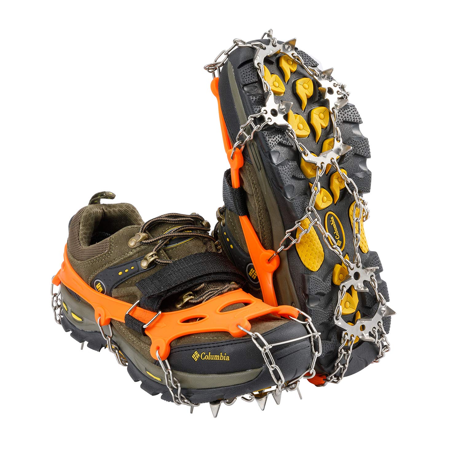 Ice Cleats, Snow Grips Walk Traction Crampons with 19/23 Anti-Slip Stainless Steel Spikes for Boots Shoes Hiking Walking Jogging Mountaineering, Fit Men Women Kids