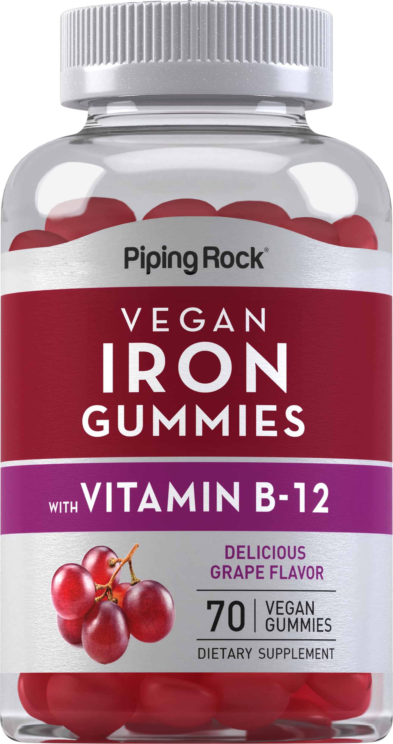 Piping Rock Iron Gummies Supplement | 70 Count | for Women and Men | with Vitamin B12 | Grape Flavor | Vegan, Non-GMO, Gluten Free
