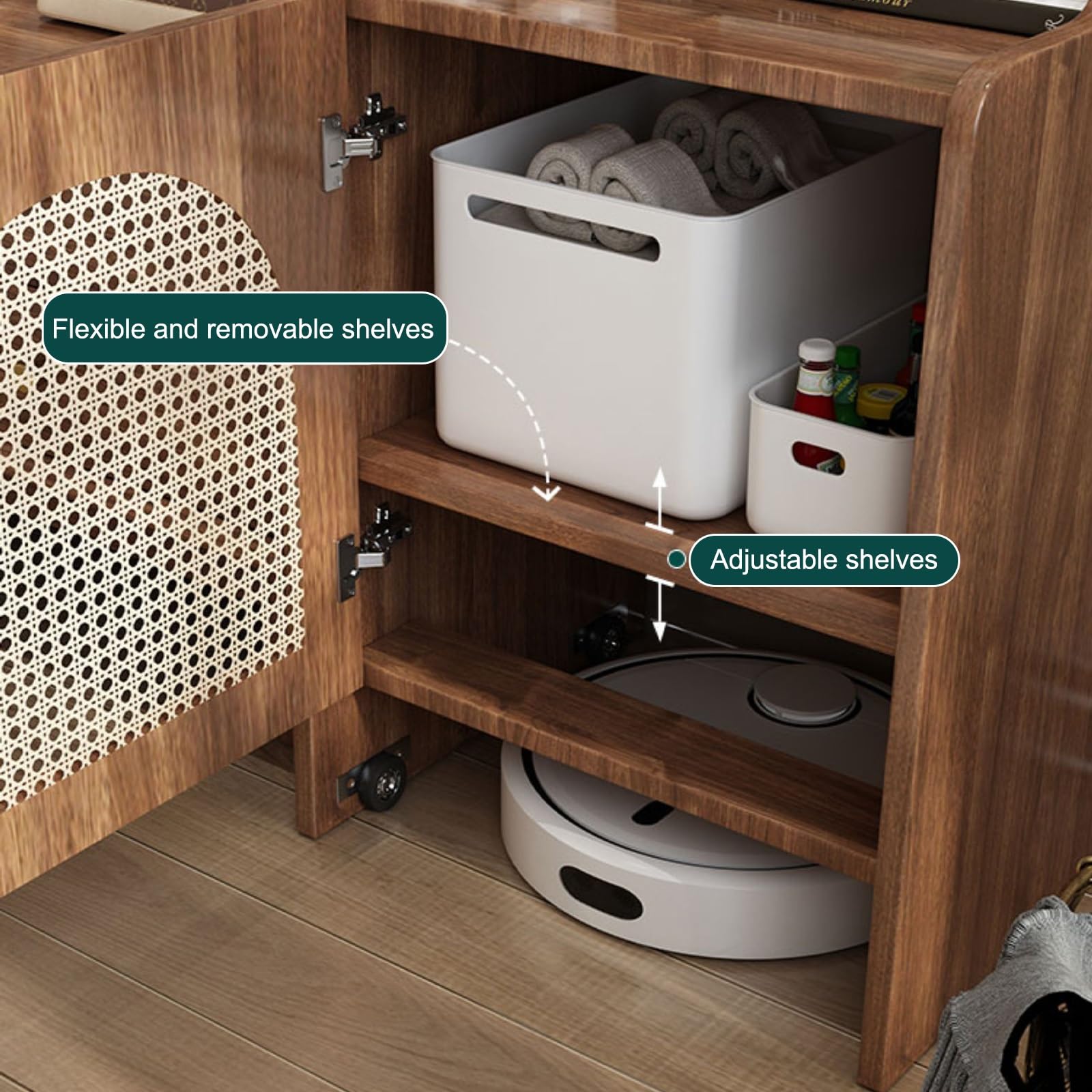 Armario de almacenamiento al vacío robot con puertas y cajones, mesa auxiliar ajustable para sala de estar y oficina, organizador de madera (45 x 90 cm)
