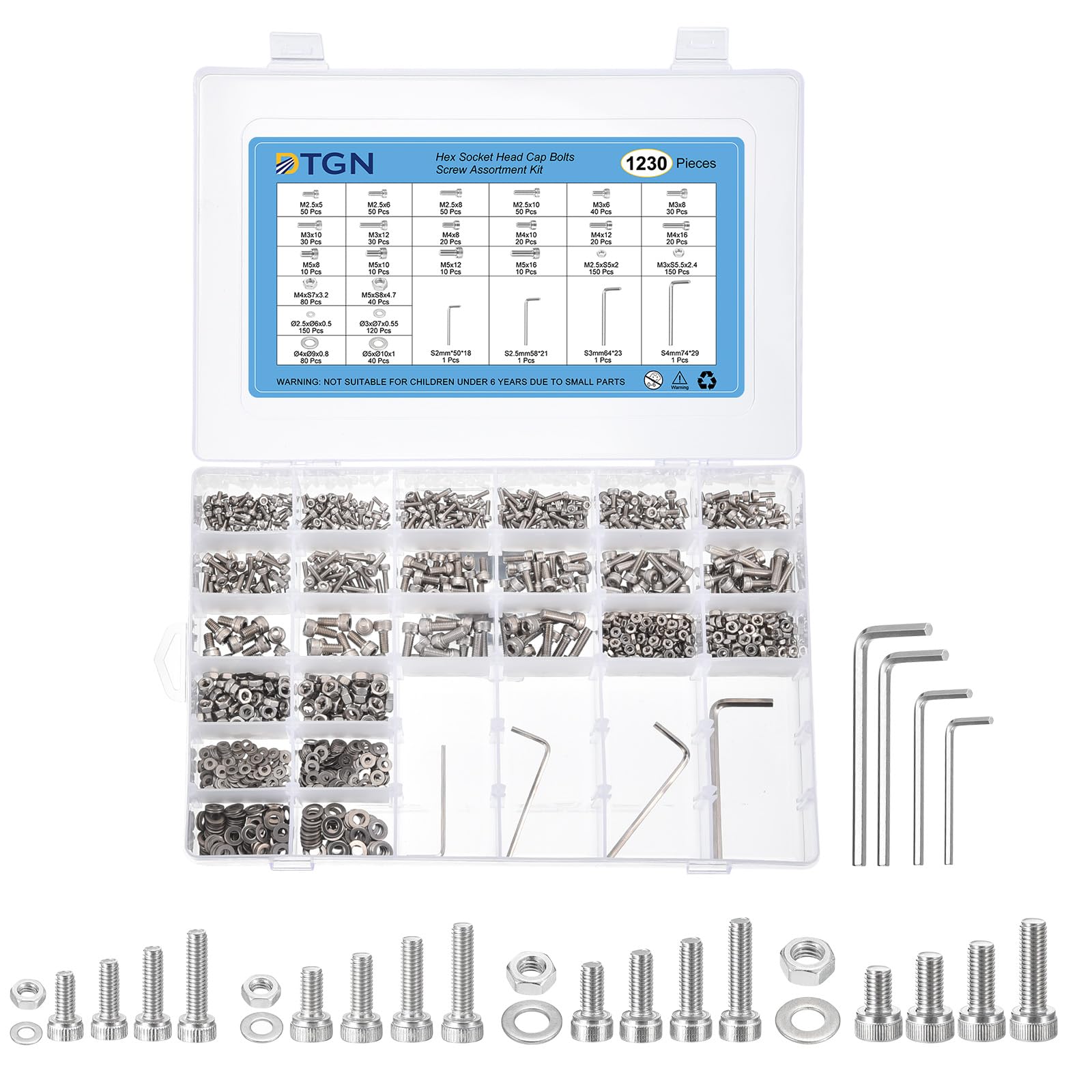 DTGN M2.5/M3/M4/M5X5/6/8/10/12/16Mm(Dxh) Assortiment De Boulons À Tête Cylindrique À Six Pans Creux Avec Écrous, 1230Pcs, Kit En Acier Inoxydable 304 Avec Clé Et Rondelles, Argenté
