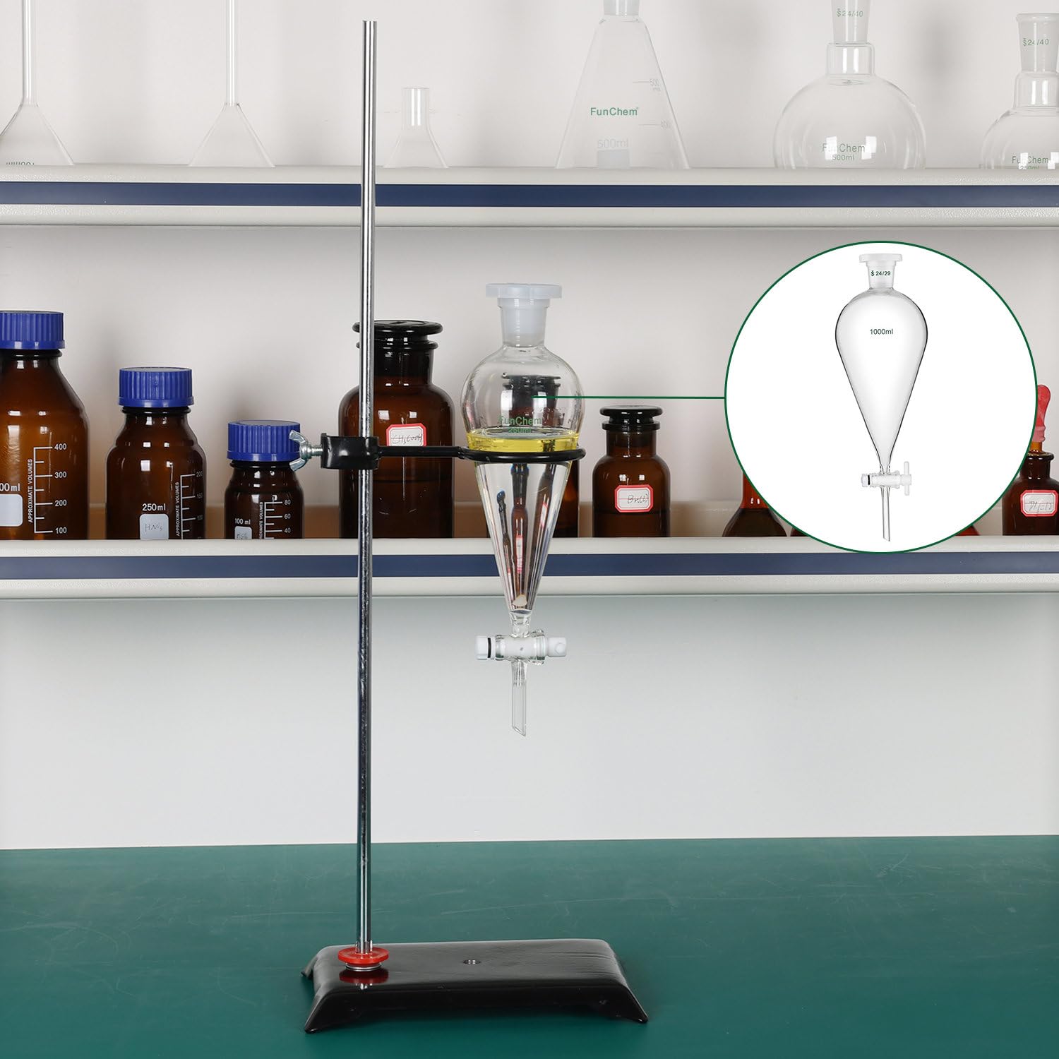 FunChem Imbuto Separatore Conico 500 ml con Giunti 24/29 e Rubinetto in PTFE, Imbuto in Vetro Borosilicato Design a Parete Spessa