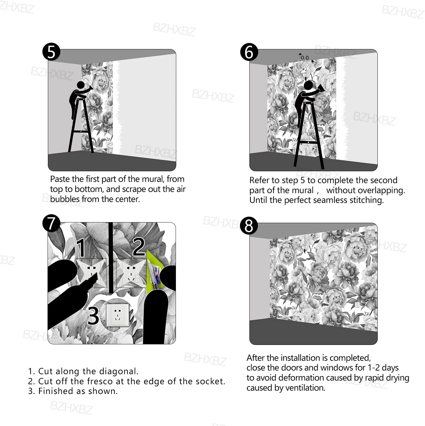 Grey Peony Floral Wallpaper Bedroom Black and White Botanical Flowers Leaf murals Aesthetic Room Decor Living Room tv Background Large Wall Mural - 137"x96" Not Peel and Stick