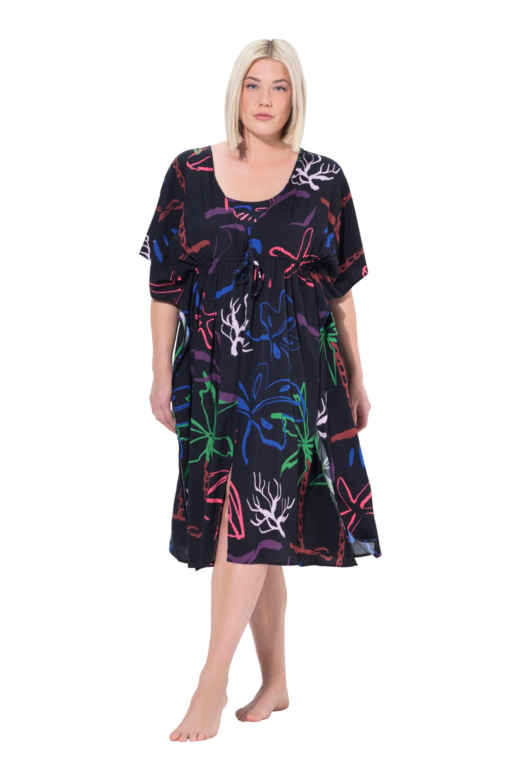 Ulla Popken Damen große Größen Übergrößen Plus Size Kaftan, Strandmuster, V-Ausschnitt, Halbarm 837798