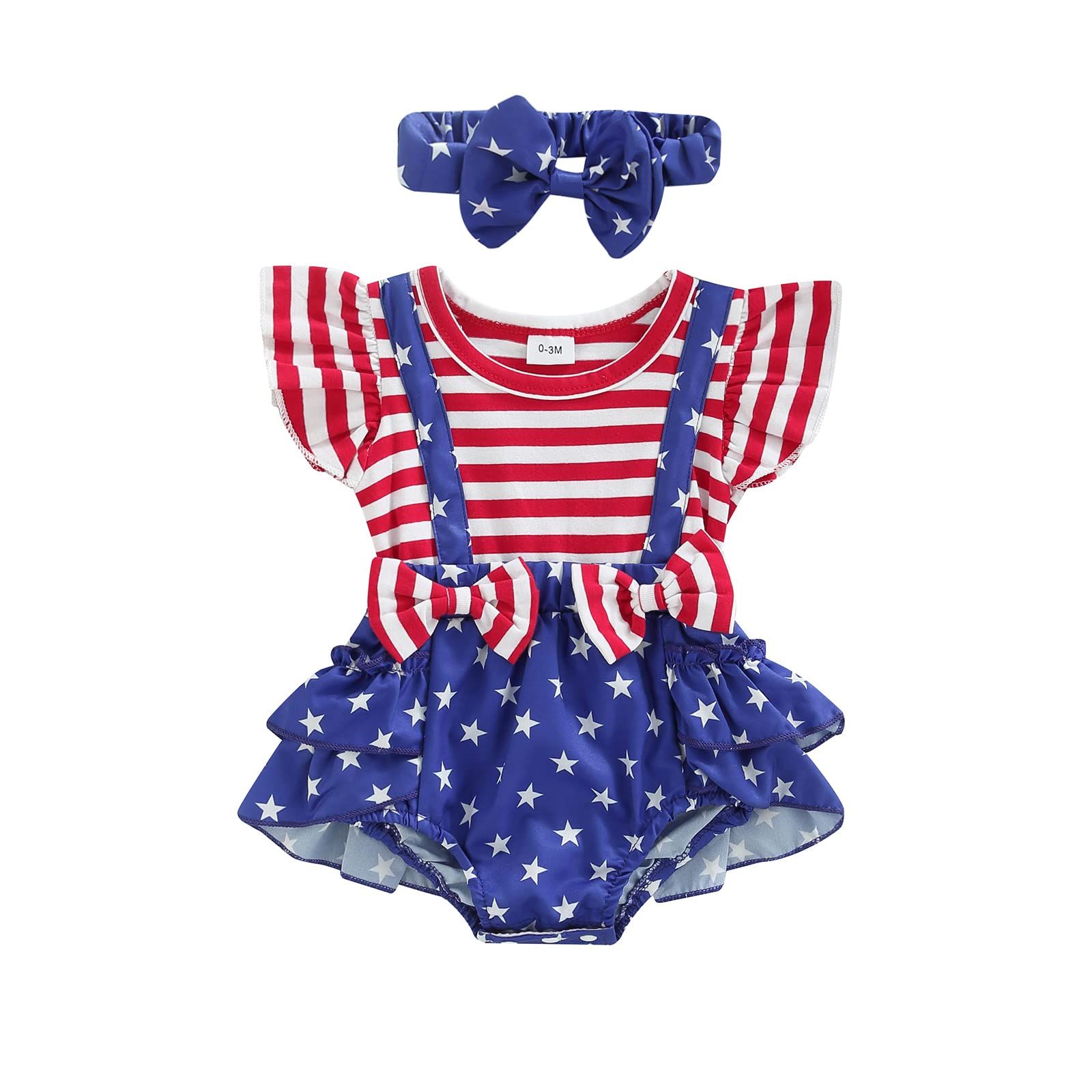 Socutebabe Baby Girl 4th of July romper Memorial Day Outfits Newborn American Flag Dress Patriotic Romper+Headband (D 4th of July Blue, 3-6 Months)