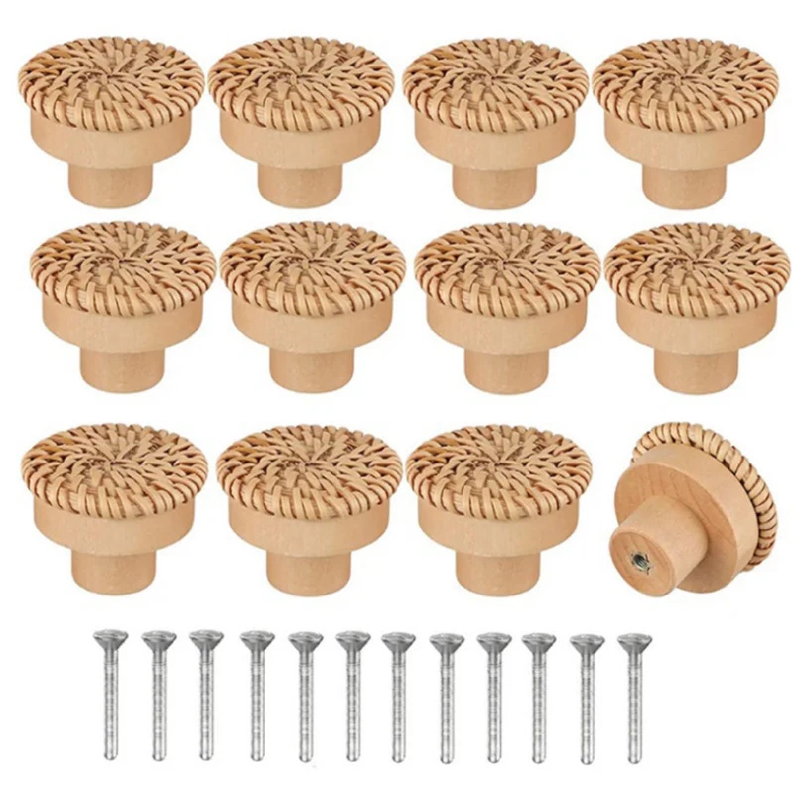 UBOHUZ 12pcs Beech Wood Rottan Handles Cabinet Drawer Knobs Funiture Wardrob Decoration Pulls Furniture Hardware for Cupboard, Wardrobe(45mm)