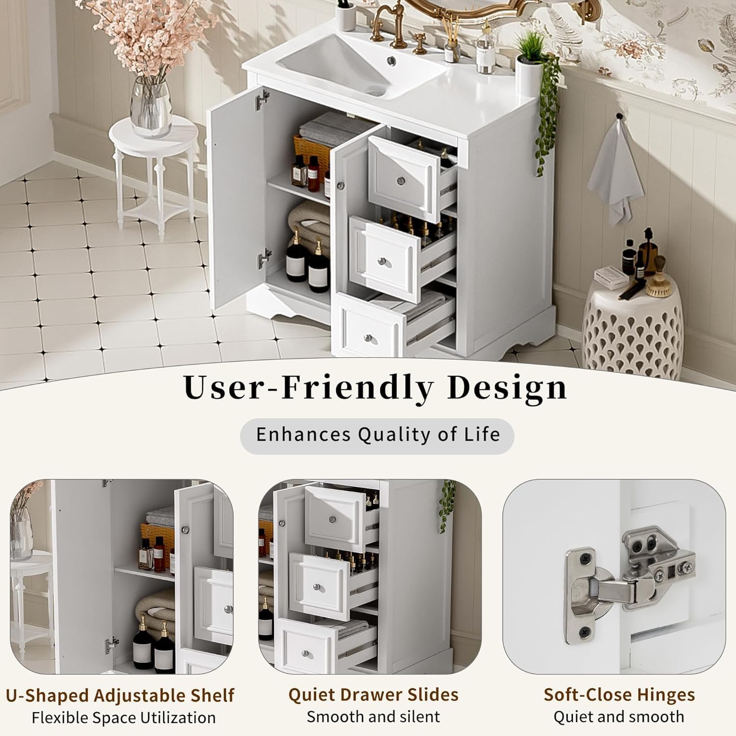 Linique 36" Modern Bathroom Vanity with Sink Combo Set, Bathroom Storage Cabinet with 3 Drawers and 2 Soft Closing Door, White