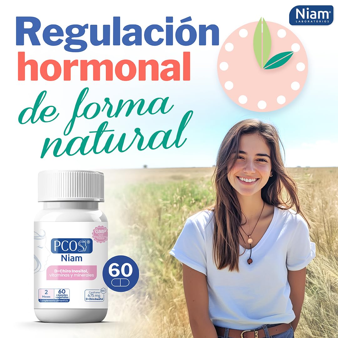 [60 cáps] PCOS NIAM | Para 2 meses | D-Chiro Inositol SOP | Con Ácido Fólico, Biotina, Vitamina B12, B6 y D3 | Suplemento Ovarios Poliquísticos | Regulación Hormonal | Ácido fólico, biotina y vitaminas B6, B12 y D3 | Suplemento Ovarios Poliquísticos | 60