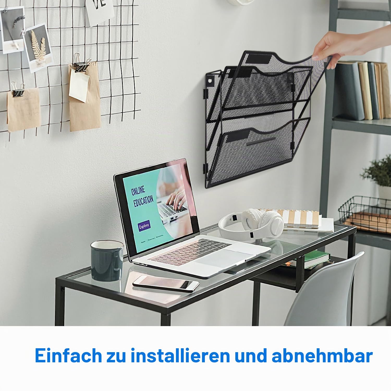 BOHDK Wandordner, 3 Taschen, Hängeregistratur-Organizer, faltbarer Netz-Aktenordner mit Beschriftungsfeld, 2 Haken, Wandhalterung und Türaufhängung für Büro und Zuhause