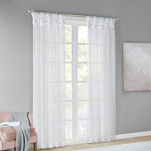 Madison Park Ceres DIY Twisted Tab Sheer Curtain, Pair Panels, Lightweight Window Treatment, Voile Privacy, Light Filtering Drape for Bedroom and Apartment, 50 in x 63 in, White 2 Piece