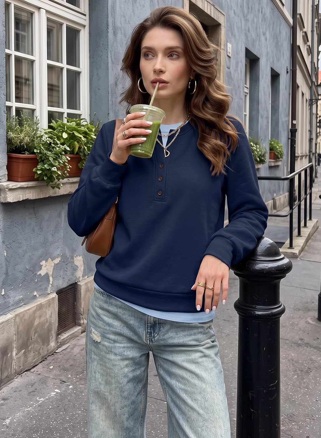 EVALESS Womens Crewneck Sweatshirt Casual Henley Long Sleeve Shirts Tops image 2