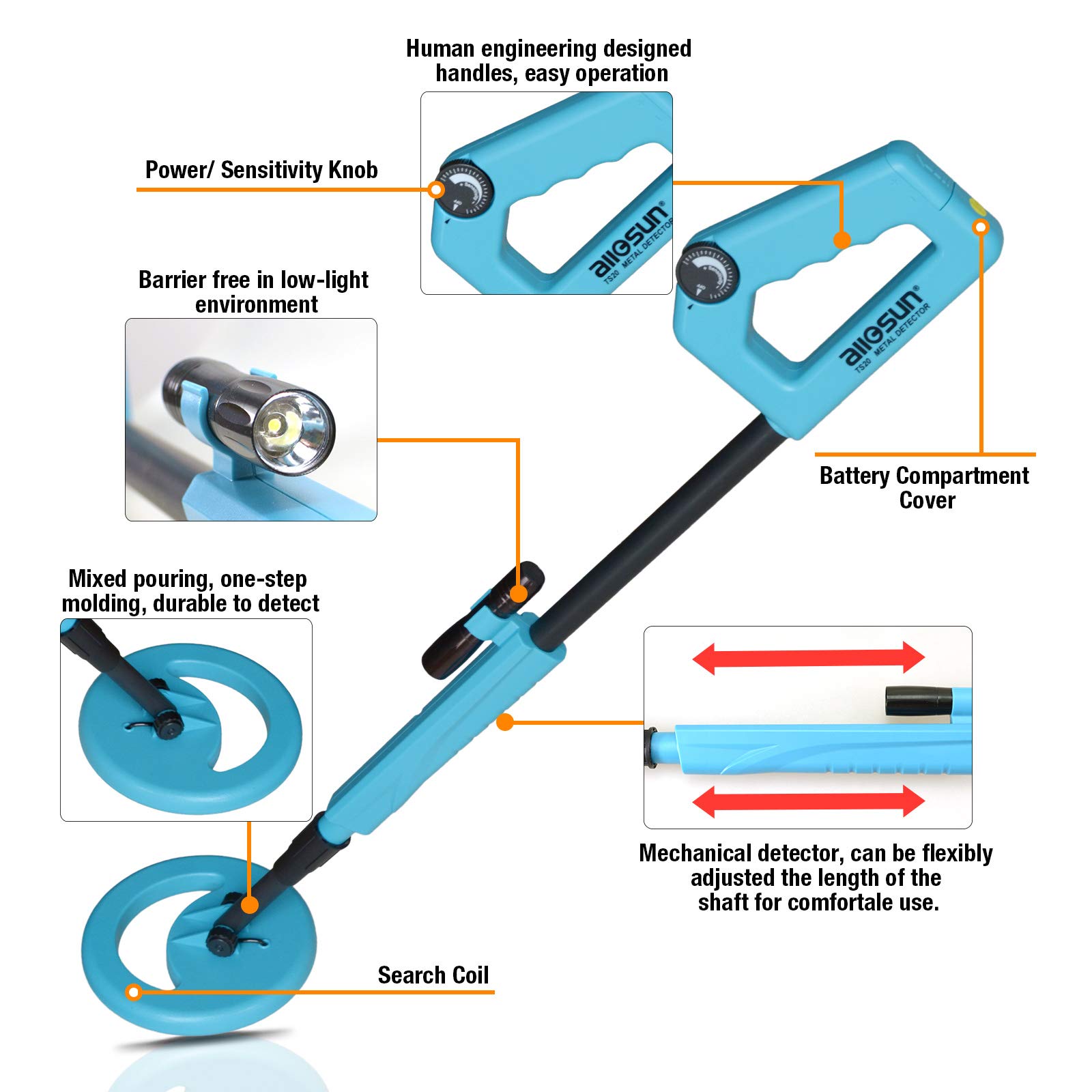 ALLOSUN Détecteur de métaux pour enfants avec bobine de recherche étanche de 15,2 cm, réglable de 79 à 102,1 cm avec lampe de poche pour exploration nocturne TS20A (bleu)