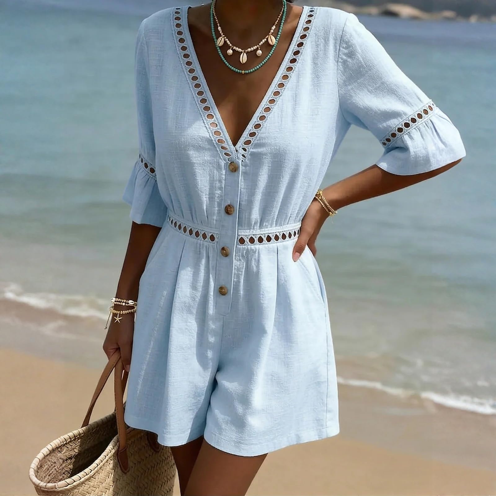 Lin Combinaisons Femme Couleur Pure Col en V Demi-Manche Vetement Femme Ete Combishorts Classique Unique Legere Respirante Combinaison Short Detente Plage