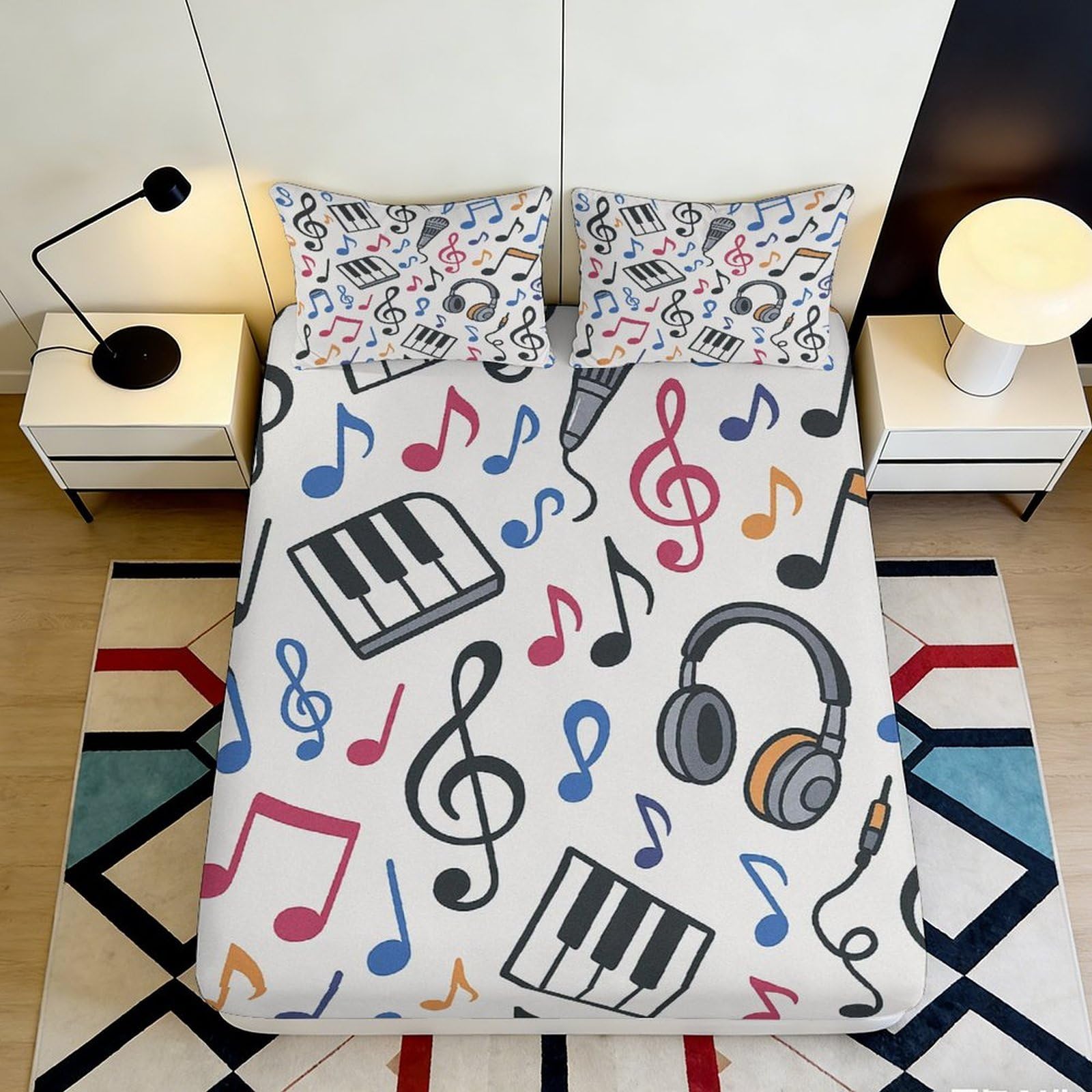 Jqzkxnhpbr Style-6 3D Printed Musical Notes Fitted Sheet Microfiber Headphones Bed Cover For Bedroom Guest Room Easy Care Decor 90X200x25cm
