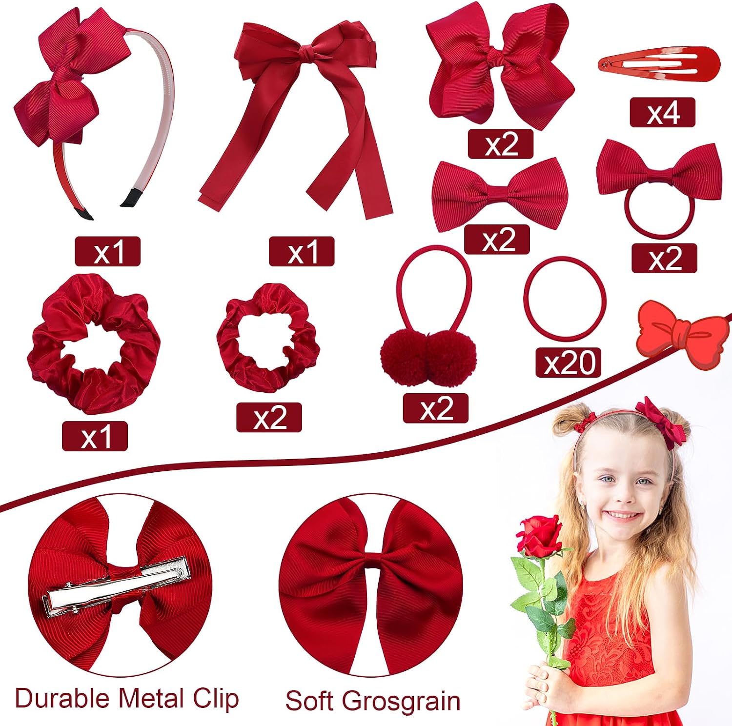 LACGO Pack of 37 School Uniform Hair Accessories - Hair Bow Clips Grosgrain Bow Headband Ribbon Alligator Ponytail Holder for Toddlers Teen Girls Uniform Christmas Party Prom (Burgundy) image 2