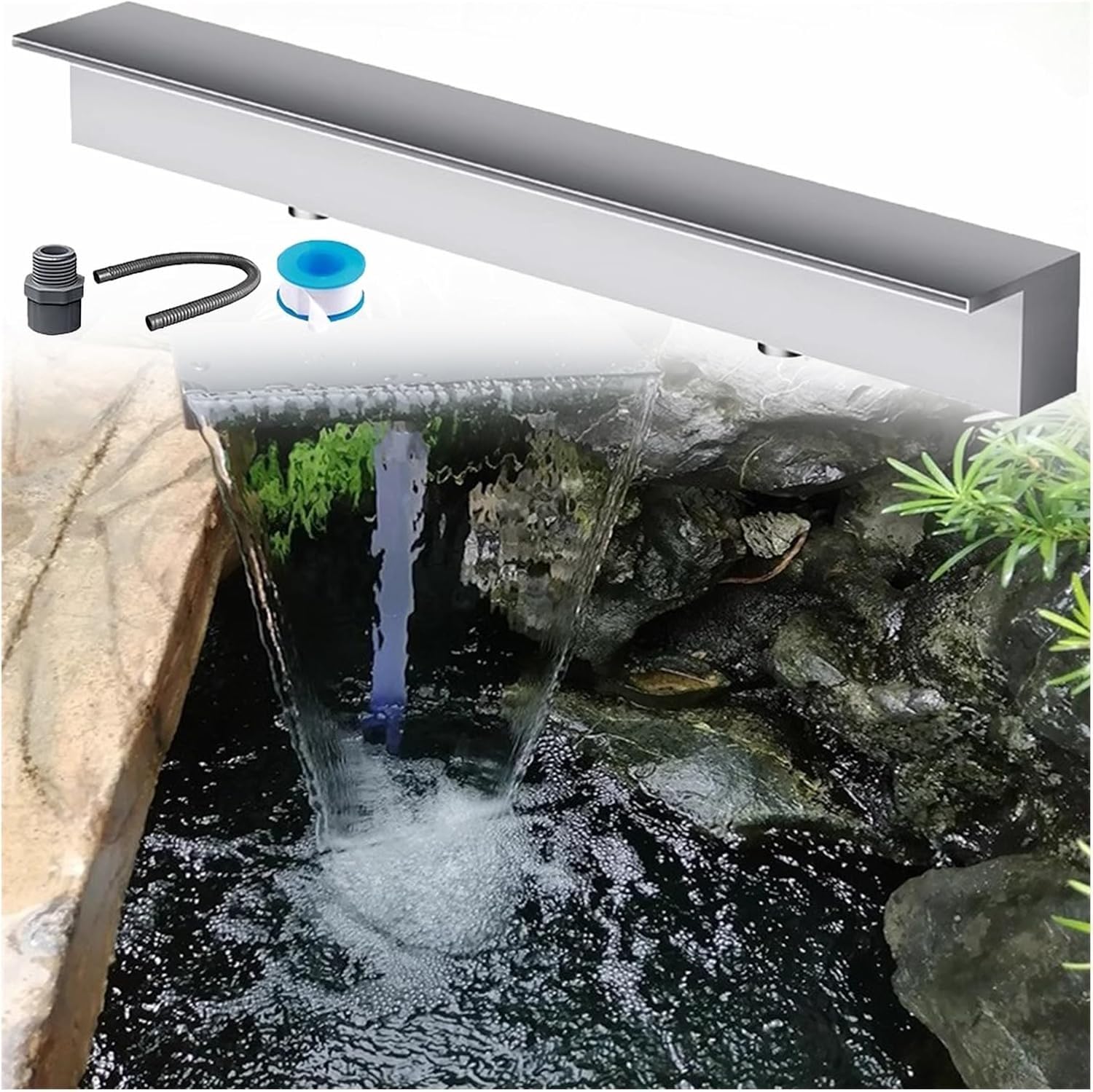 Fontana a cascata in acciaio inossidabile per piscine e terrazze, beccuccio da incasso con raccordi, perfetto per stagni e decorazioni esterne (argento)
