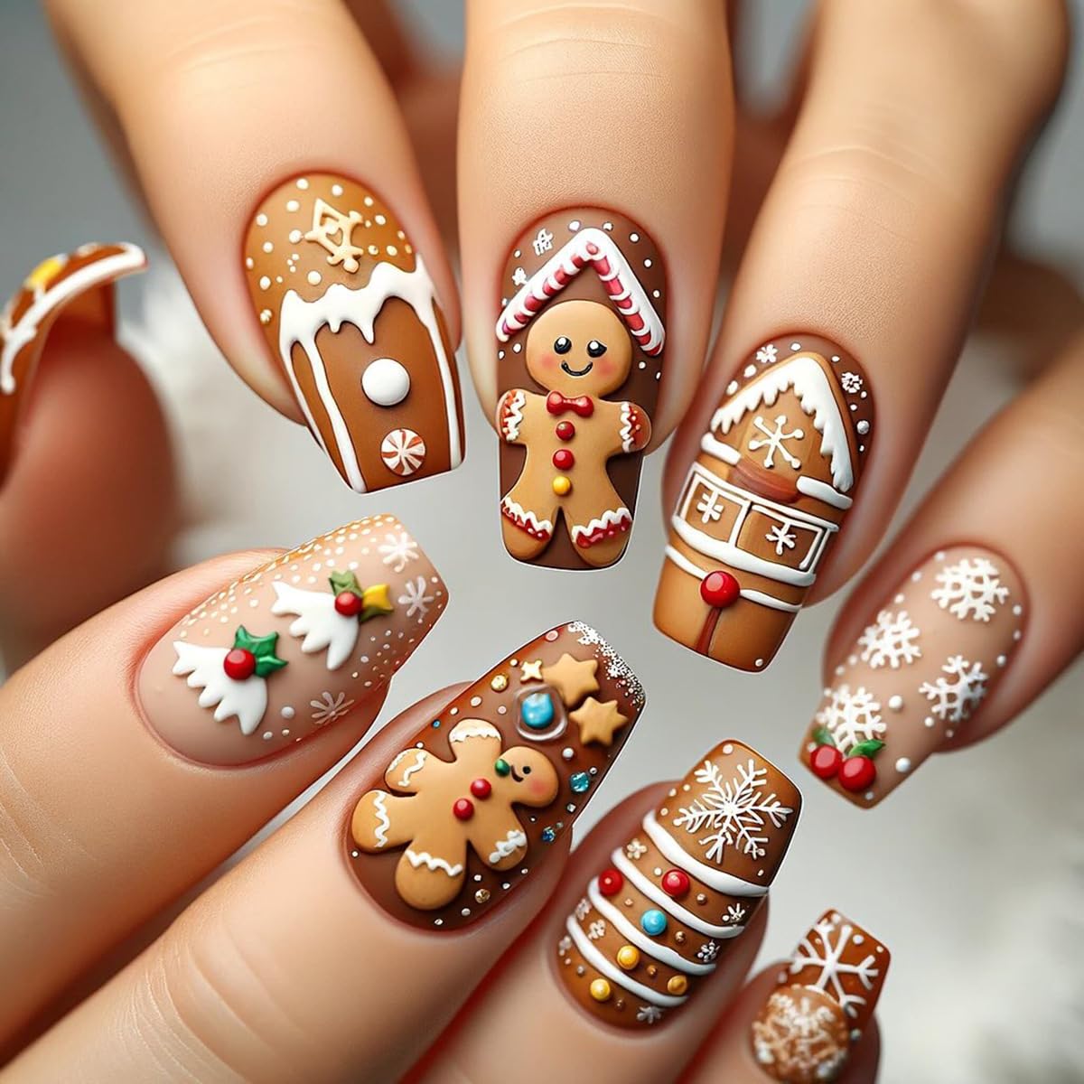 Teilihai Christmas Cute Cartoon Nails Press on Nails Medium Square Fake Nails with Snowflake Candy Canes House Gingerbread Man Designs Acrylic False