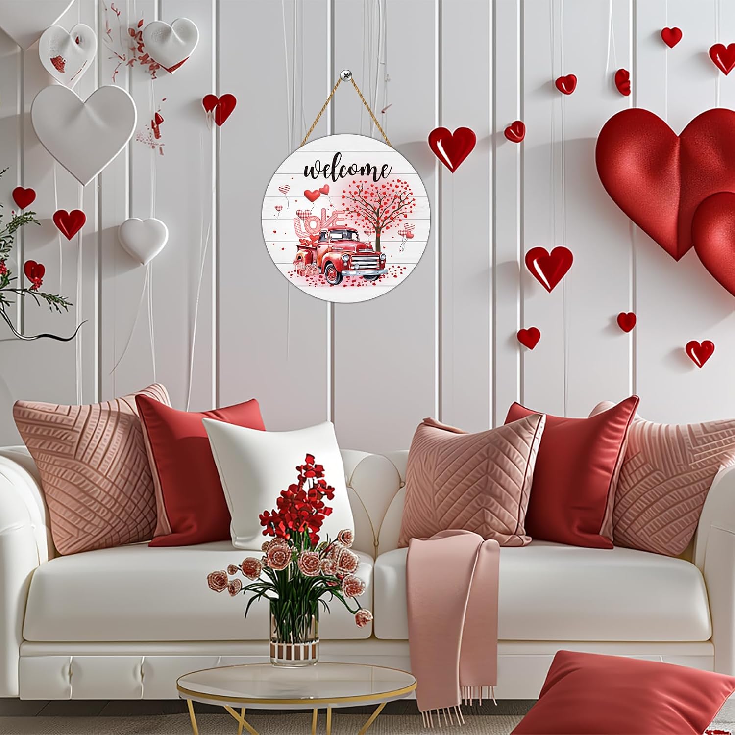Valentines Day Door Decorations Red Truck Valentines Day Wall Decor Wooden Wreaths for Front Door Hanger Welcome Sign Hanging Decorations for Porch Wall Indoor Home Decor