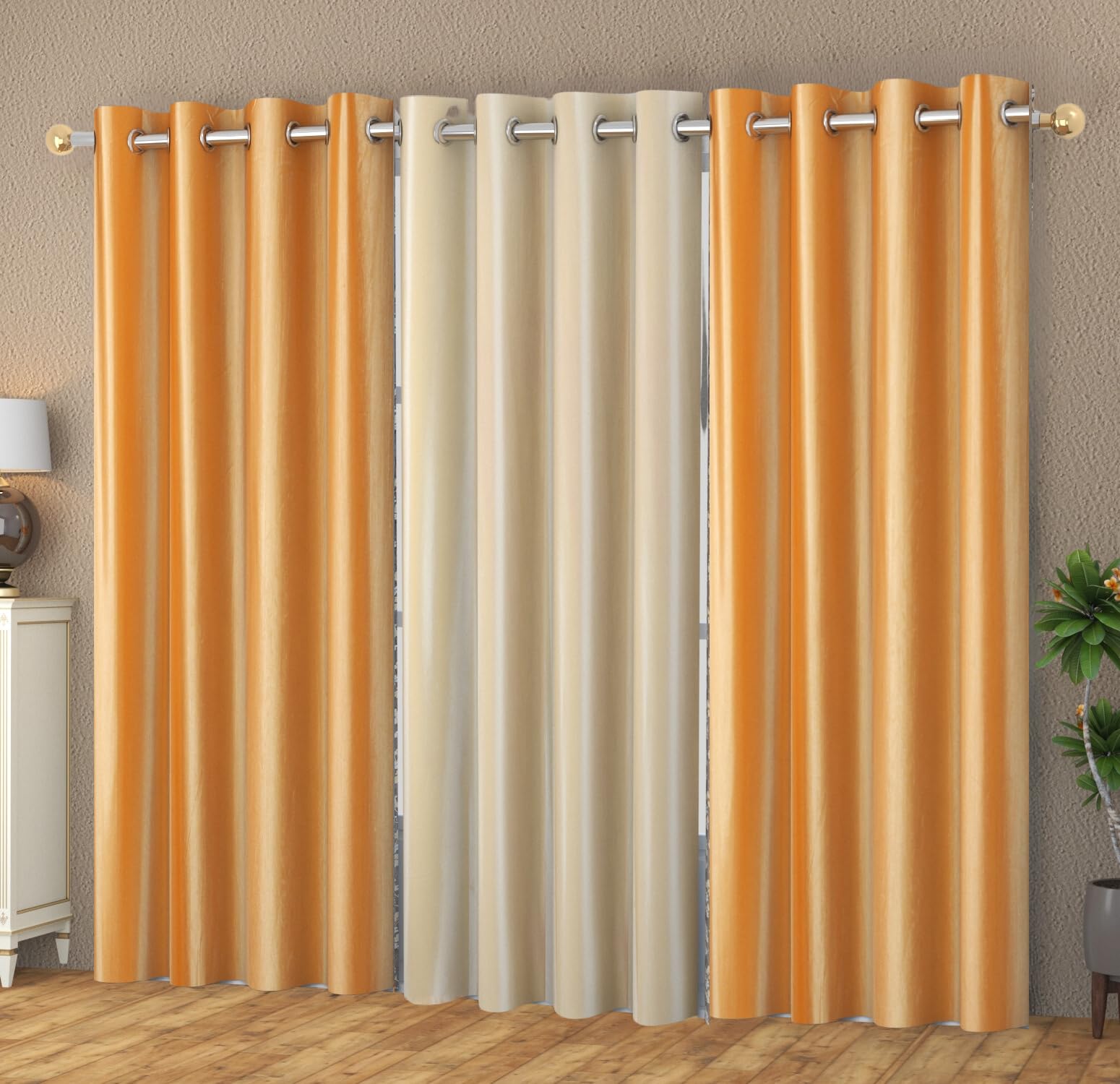 YUKANY Eyelet Polyester Modern Solid Crush Set of 3 Pcs. Door Curtains (5 Feet, 2 Golden + 1 Cream)
