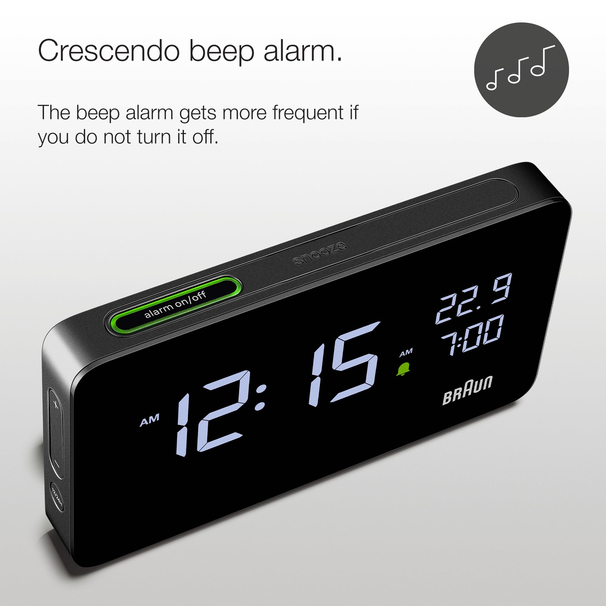 Braun Reloj Despertador Digital Pantalla LCD, 2 Puertos USB-C para Cargar Otros Dispositivos, visualización de Fecha y Hora, repetición táctil, configuración rápida, en Negro, Modelo BC20B.