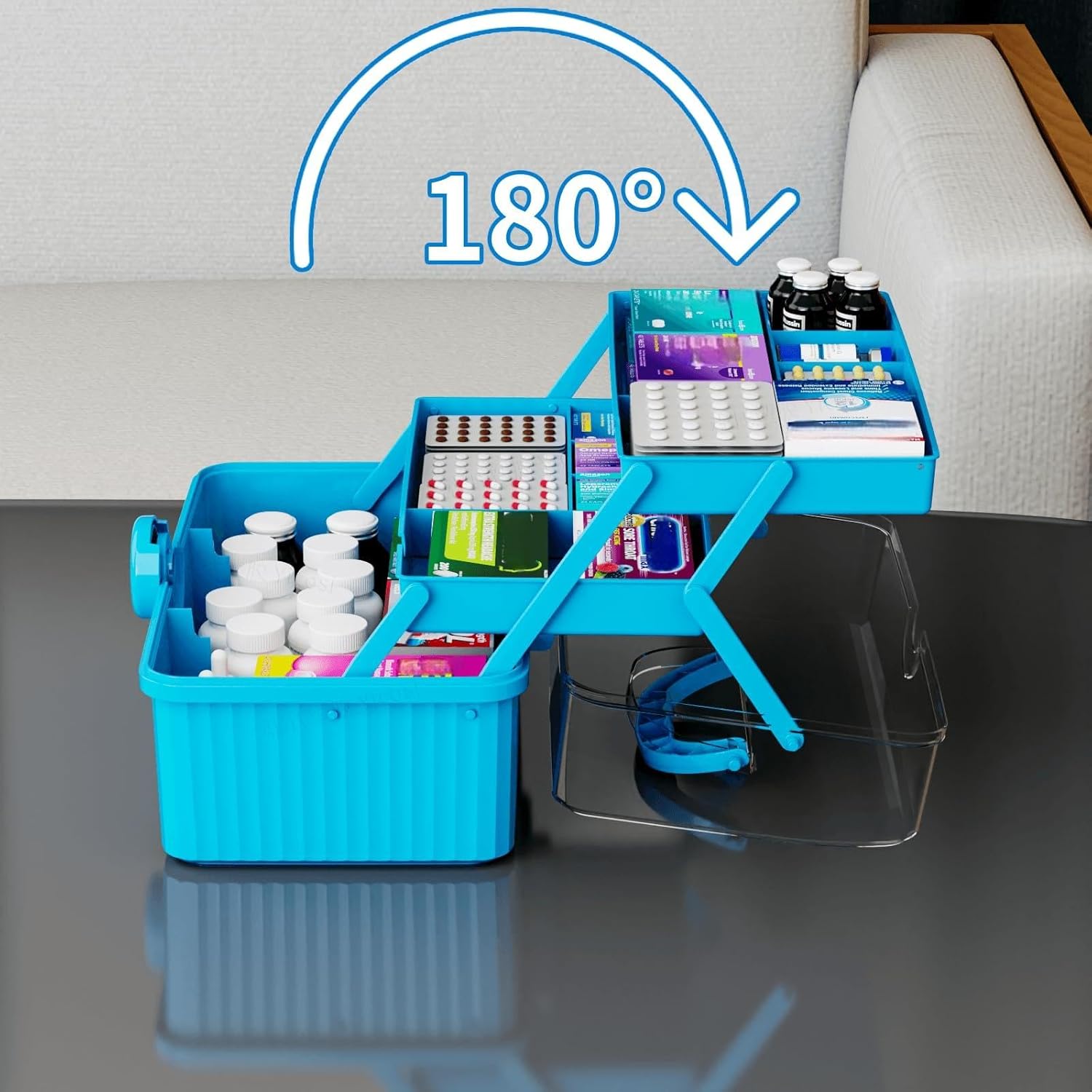 Yieach 13.3in 3-Layer Multipurpose Craft Storage and Sewing Box,Plastic Folding Box for Medication/First aid/Medicine/Craft/Ivf Medication Organizer and Art Supplies Storage,Blue