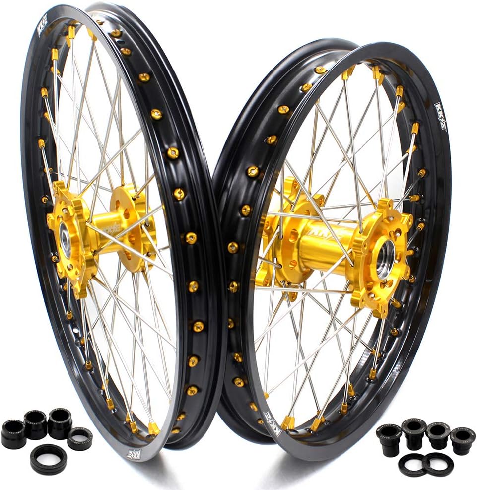 KKE 21/19 MX Dirt Bike Wheels Set for SUZUKI RMZ250 2007-2023 RMZ450 2005-2023 Gold Alloy Nipple Black Rims