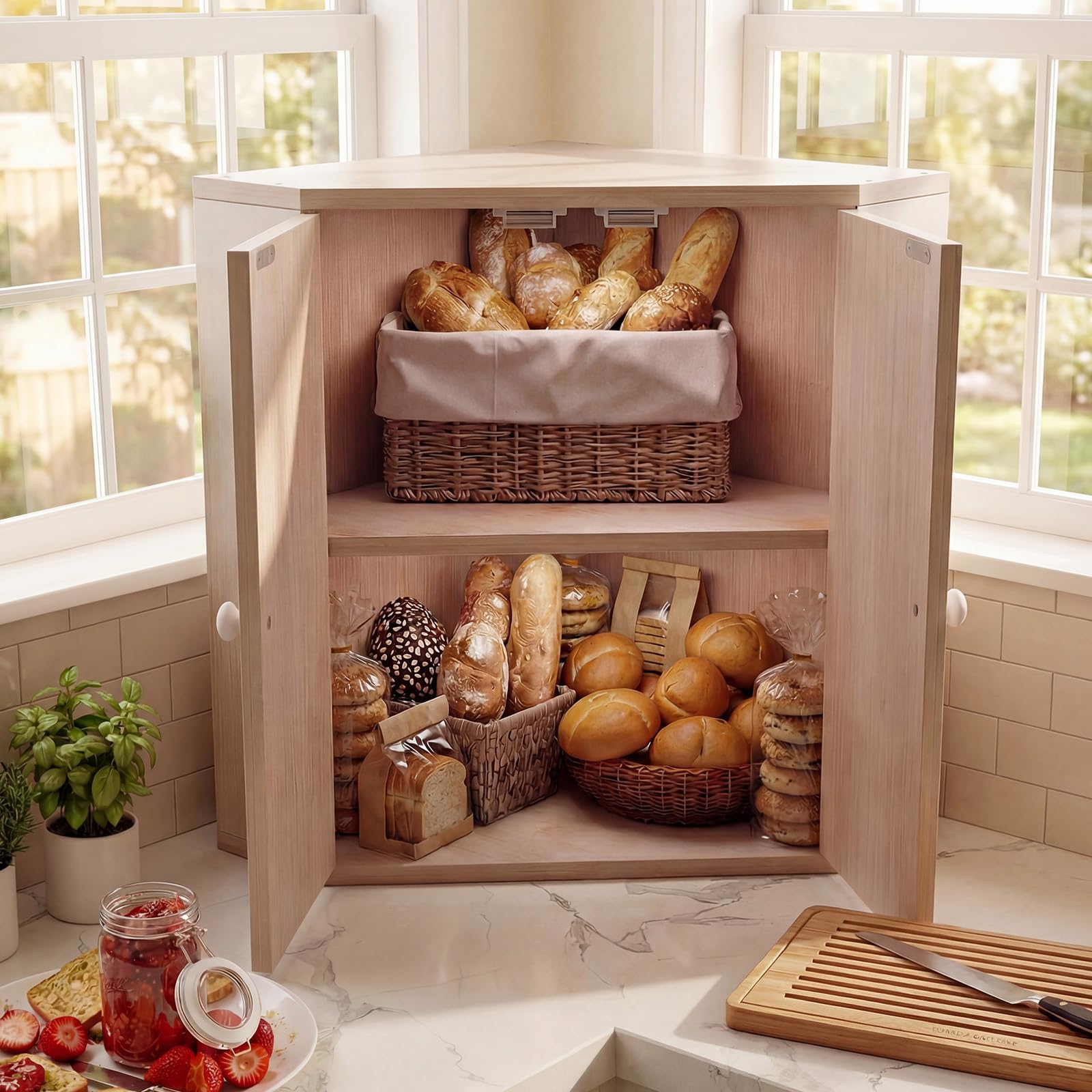 COSTWAY Paneras para Guardar el Pan, Panera de Bambú de 2 Niveles con Estante Ajustable, Caja de Pan Esquinera para Encimera de Cocina, Panera Madera de Gran Capacidad, Contenedor Estilo Rústico