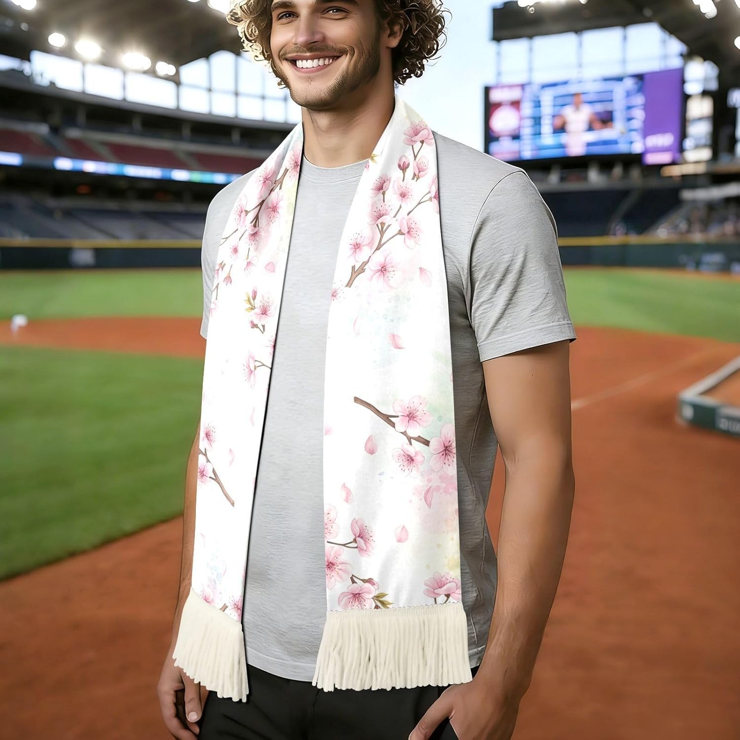 CHIFIGNO Cherry Blossom Pastel Sports Fan Scarf with Fringe, Soft Polyester Sweat Towel Wrap for Soccer Cheering, Quick Dry