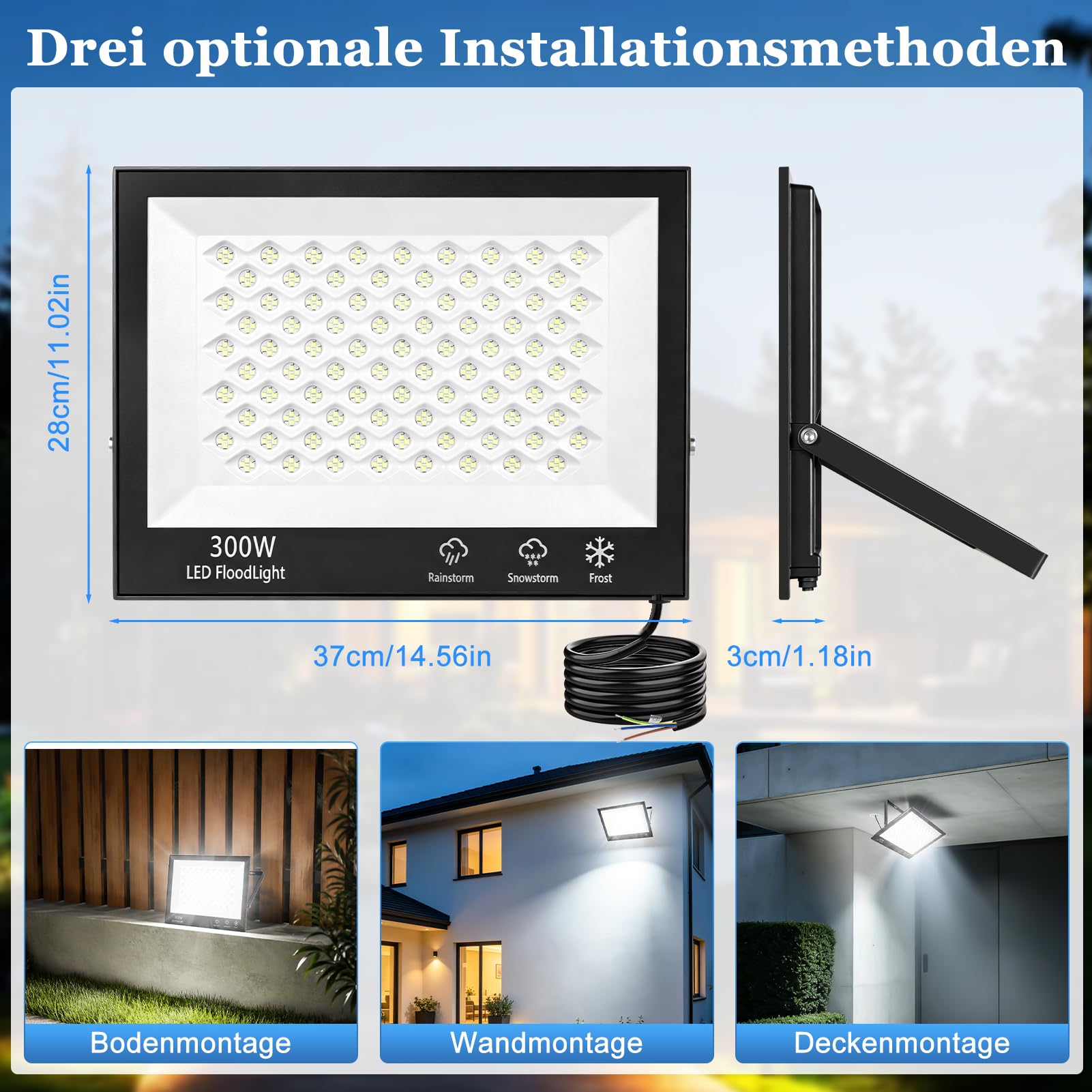300W Led Strahler,Superhell 30000LM Scheiwerfer LED-Strahler,Scheinwerfer Wandstrahler,IP66 Wasserdicht LED Fluter,6500K Kaltweiß Superhell LED Außenstrahler für Garten,Innenhöfe,Garage
