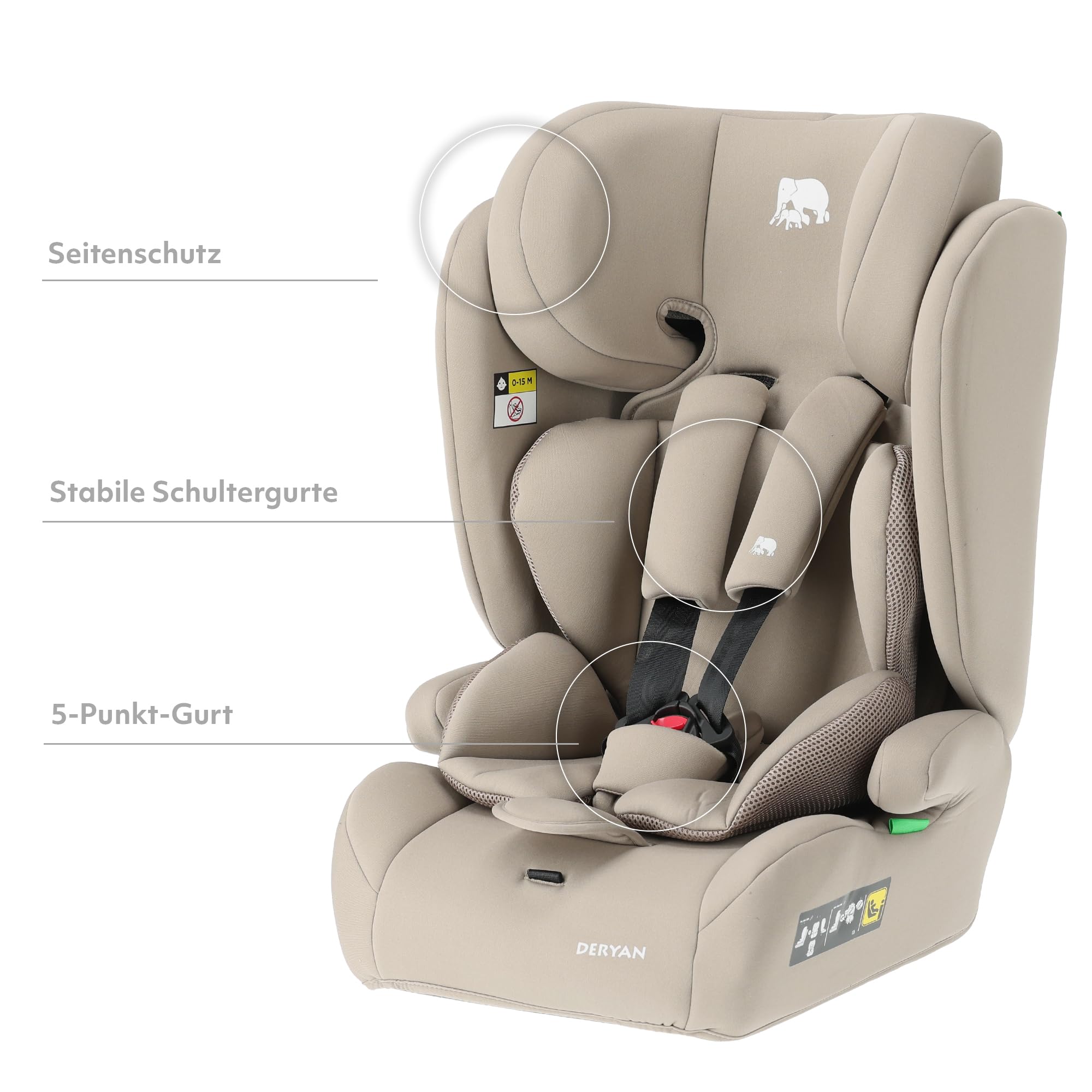 Deryan Carter i-Size Kindersitz, 75–150 cm – Gruppe 1/2/3, Autokindersitz mit Gurtbefestigung, Seitenaufprallschutz, Verstellbare Kopfstütze, Abnehmbarer Bezug, 1,5 bis 12 Jahre - Nougat