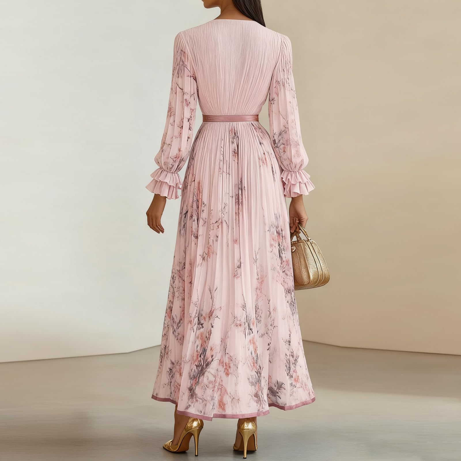 Abendkleider Elegant für Hochzeit A Linie Cocktailkleid Damen Hochzeitsgast Chiffonkleid V Ausschnitt Maxikleider Damen Sommer Hohe Taille Blumen Kleid Lang Cocktail Kleider Maxi Dress