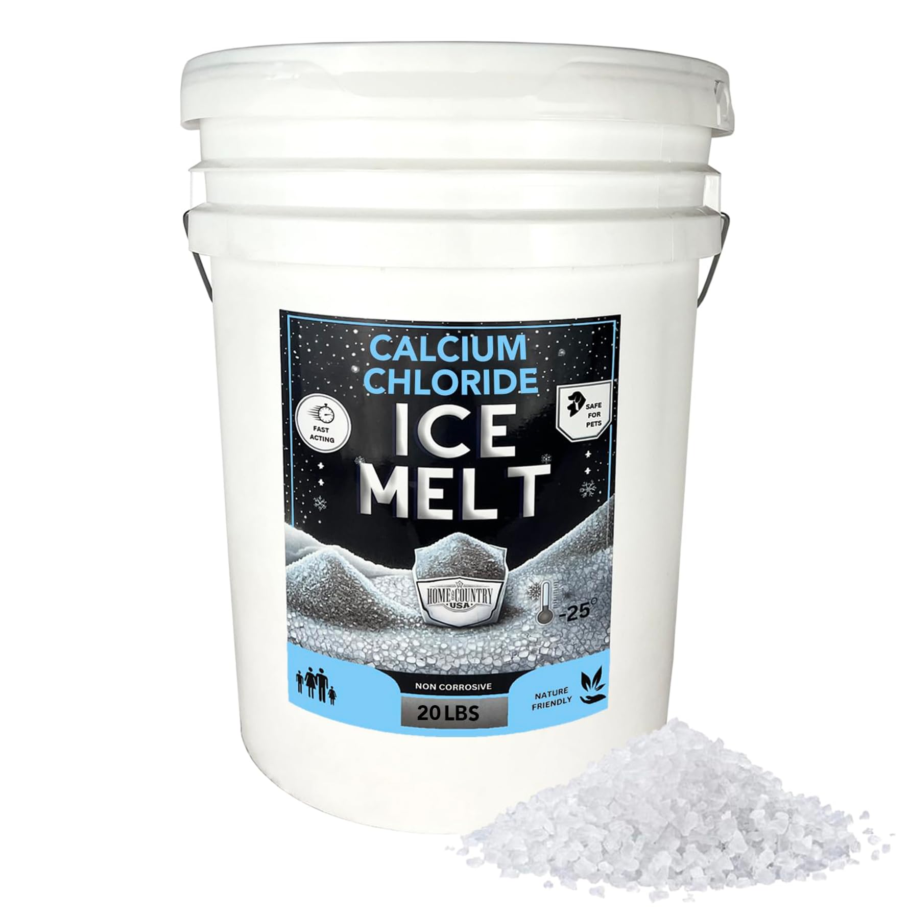 Home and Country USA Pail - Calcium Chloride Pellets for Ice Melt - Fast-Acting &amp; Safe on Surfaces - Ideal for Driveways, Sidewalks, and Entryways (20 Pound)