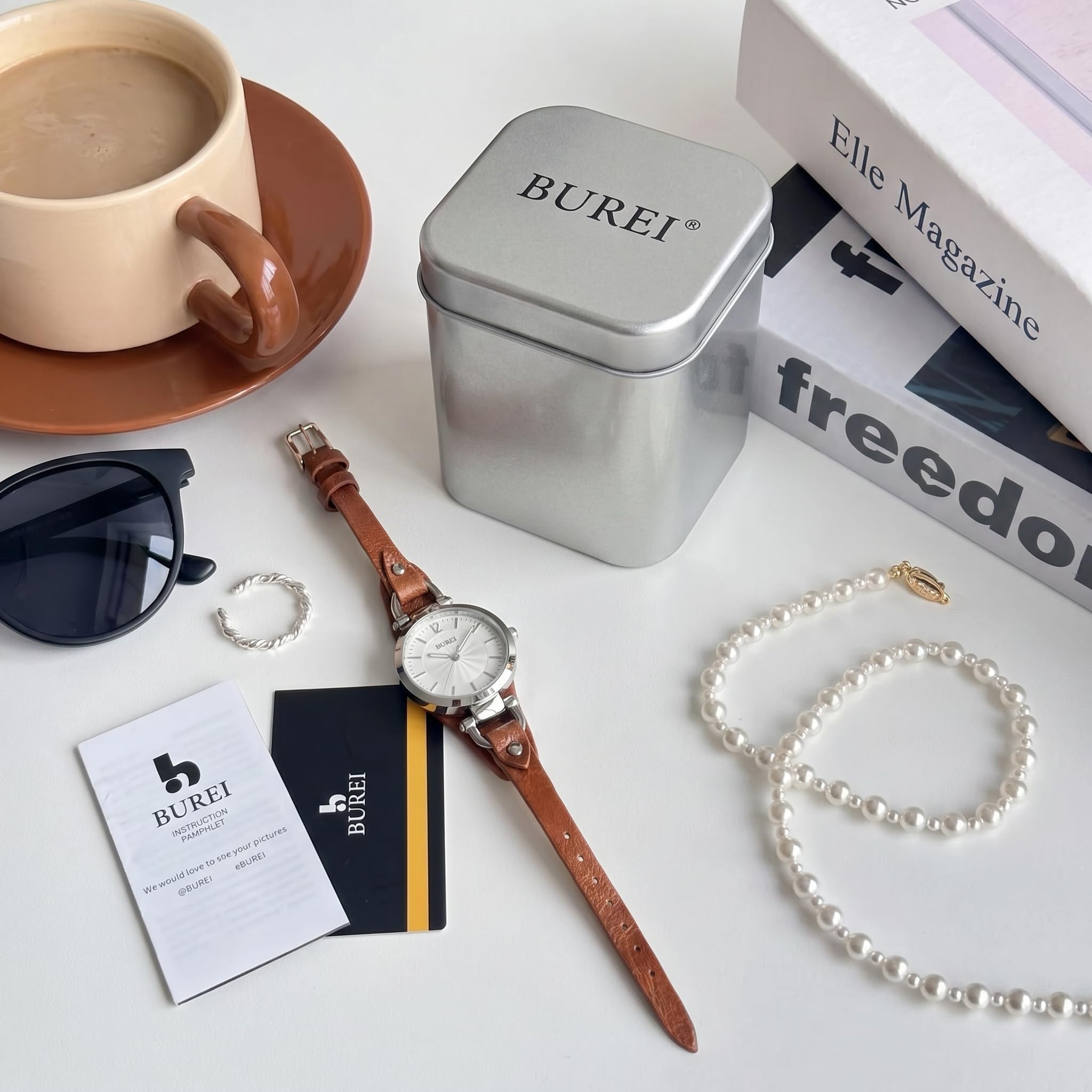 BUREI Damenuhren – Armbanduhr Damen mit Handgemachtem Echtleder & Schmalem Band – Damenuhr Lederarmband für Arbeit & Freizeit – Als Geschenk