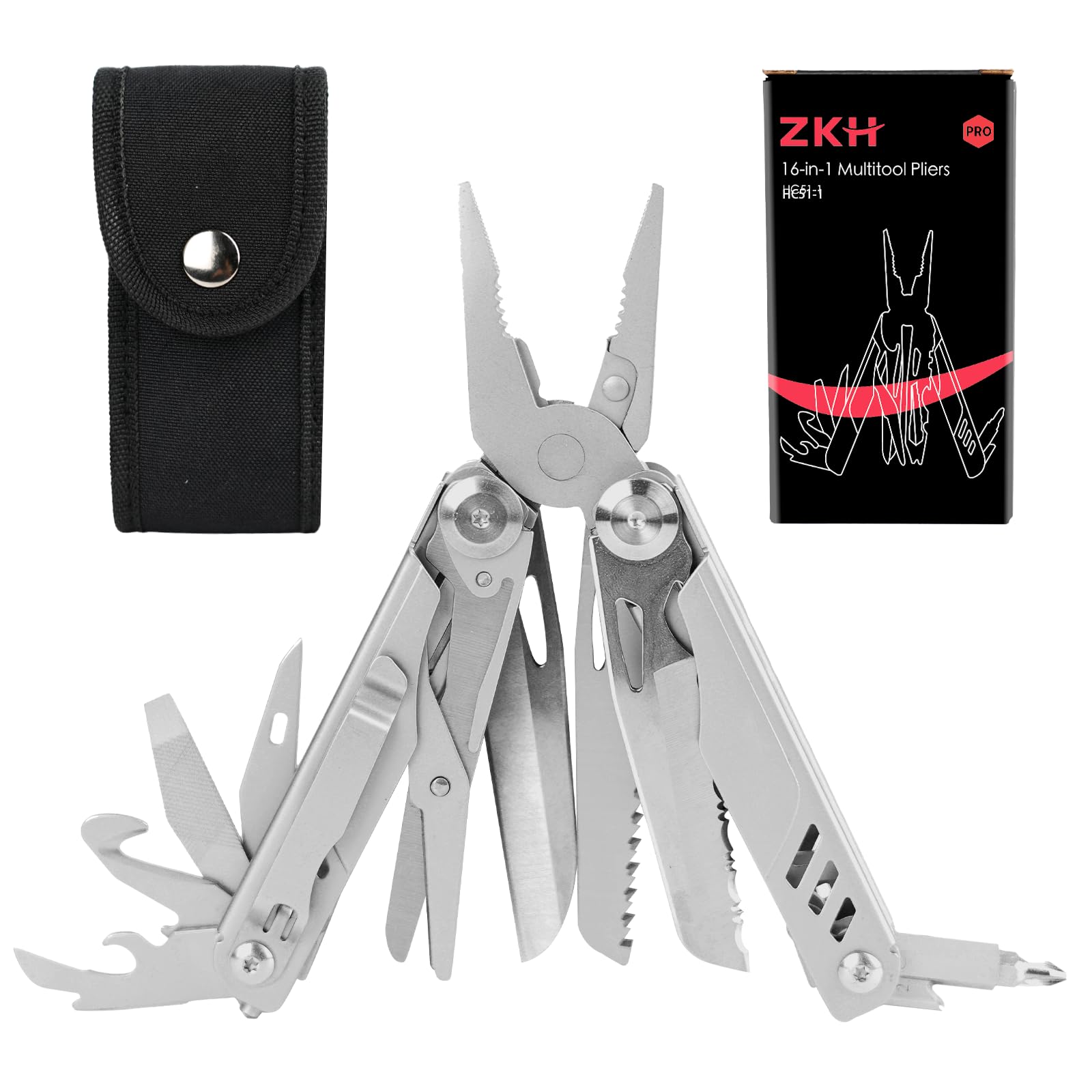 16-in-1 Multi Tool With Safety Locks - Stainless Steel Survival Tool With Pliers, Knife & Sheath