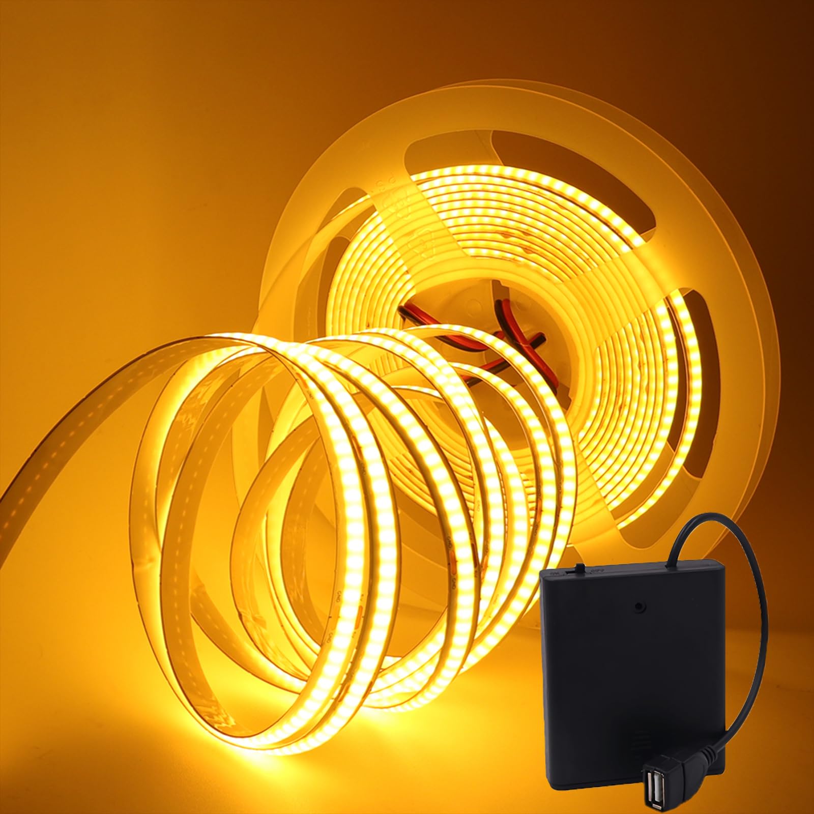 MIGUDA COB LED Strip Light, Ultra-Bright Self-Adhesive Tape, 320 LEDs/m Flexible LED Band with USB 4AA Battery Box for Christmas Decor (Batteries not Included) (4M, Yellow)