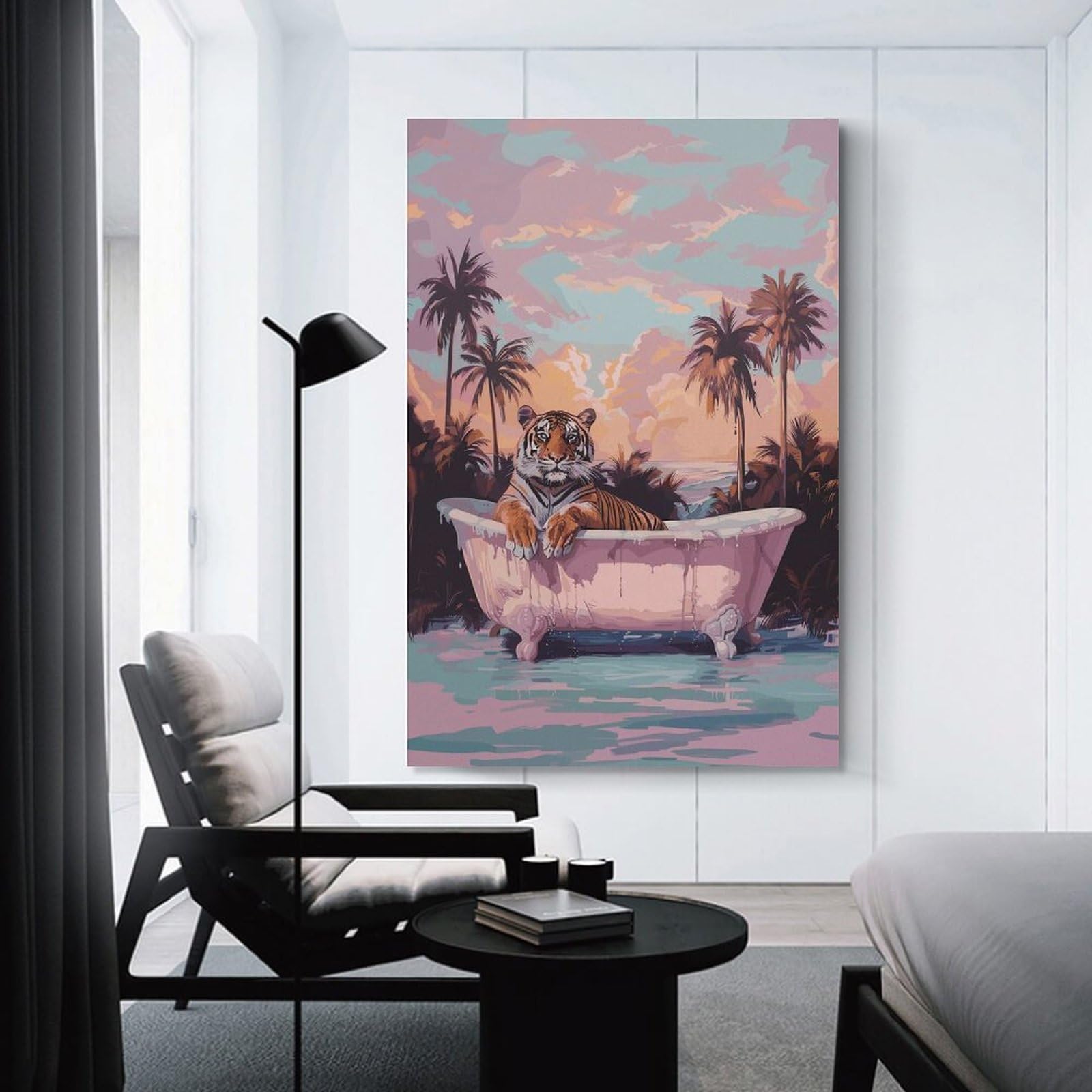 Junmoney Miami Tiger Having Bath Wall Picture Print, 20x30inch(50x75cm), for Workspace Walls, Study Corners Or Bedrooms, Wall Art That Adds Style to Work Areas