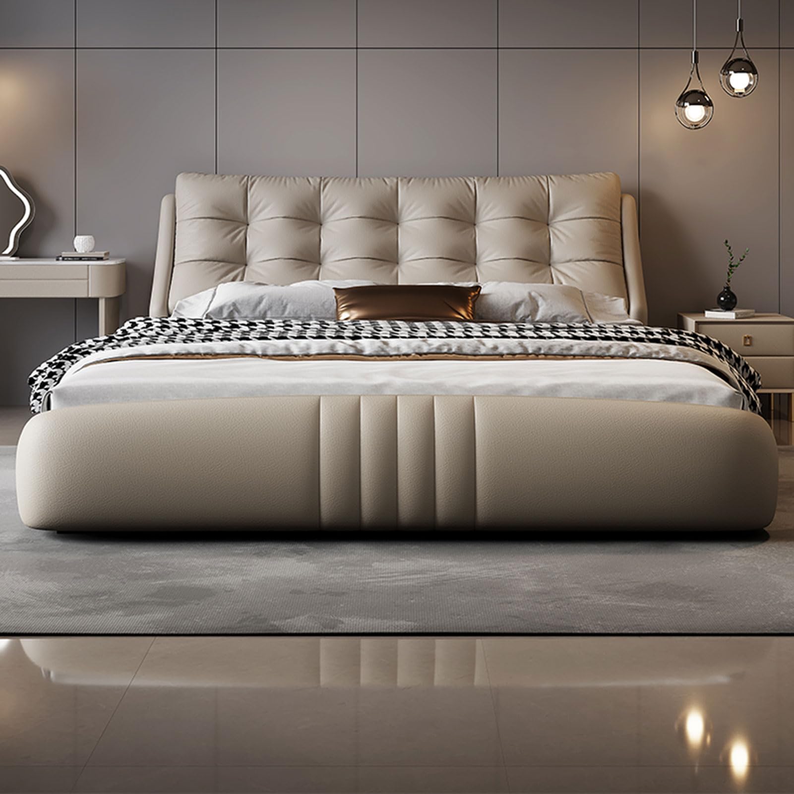 King Size Genuine Leather Wood Bed Upholstered Platform Bed Frame with Wingback Headboard and Storage Drawers Wooden Slats
