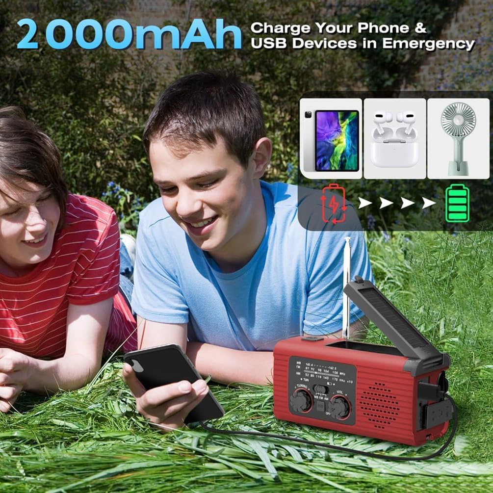 Awaryjne radio pogodowe - korba ręczna i bateria zasilana energią słoneczną 4000 mAh, AM/FM/WB, latarka LED, alarm SOS - idealna na kemping na świeżym powietrzu i w sytuacjach awaryjnych