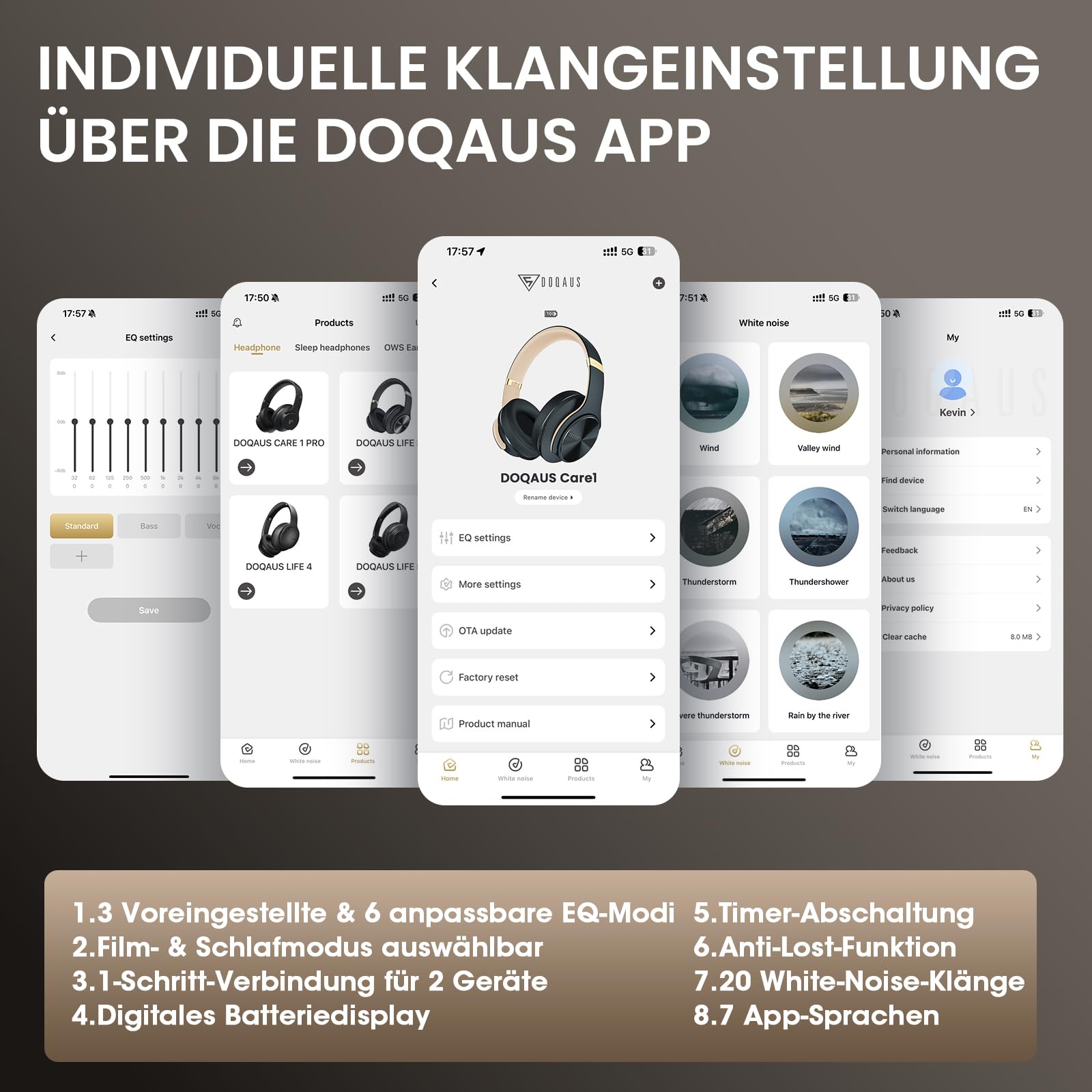 DOQAUS Kopfhörer Kabellose Bluetooth, Bluetooth Kopfhörer Over Ear mit App Steuerung & 9 EQ Modi, 90 Std. Akkulaufzeit, HiFi Stereo Bass, Leicht Faltbar mit Mikrofon, für Reisen, Arbeit & Alltag, Grau