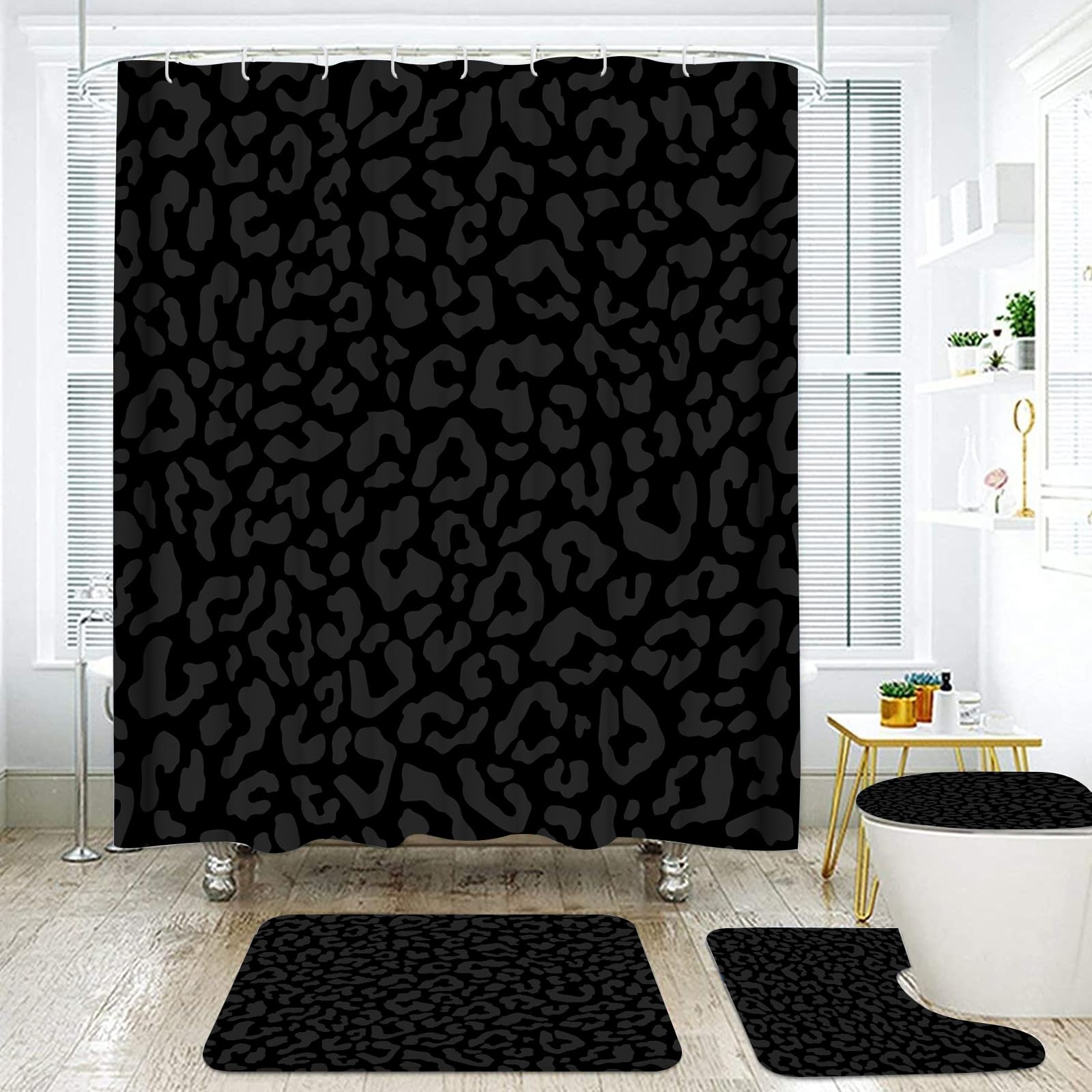 Rideau de douche haut de gamme Onalasyc imprimé léopard noir avec tapis