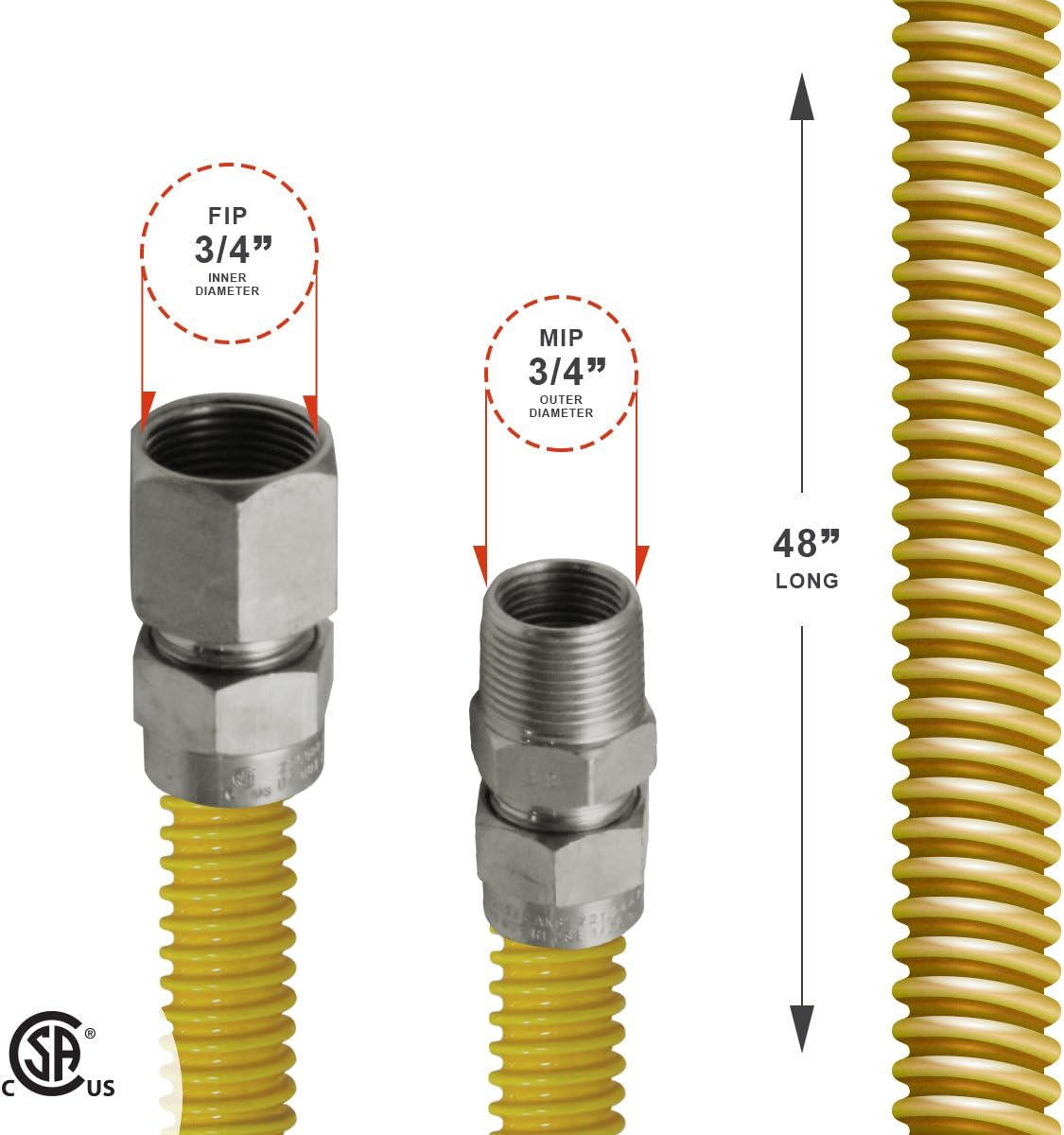 48 Inch Yellow Coated Stainless Steel Flexible Gas Connector