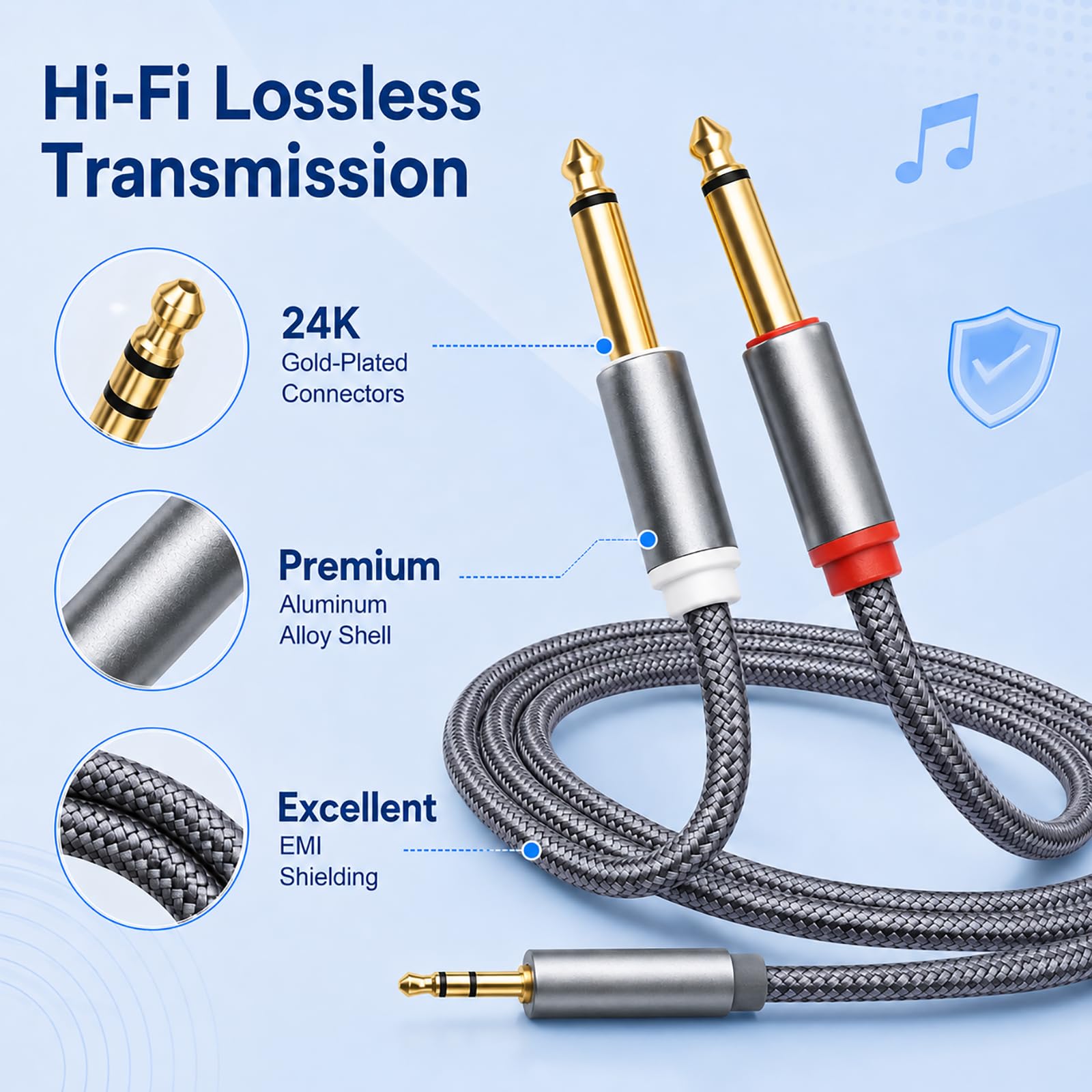 Audiokabel, 3,5 mm TRS auf Dual 6,35 mm TS Mono, Y Splitter, Stereo-Adapter, Nylon, geflochten, 3,5 mm auf 2 x 6,35 mm Stecker, vergoldet, für Mischpult, Verstärker, Gitarre, Klavier, Home Studio, 1 m