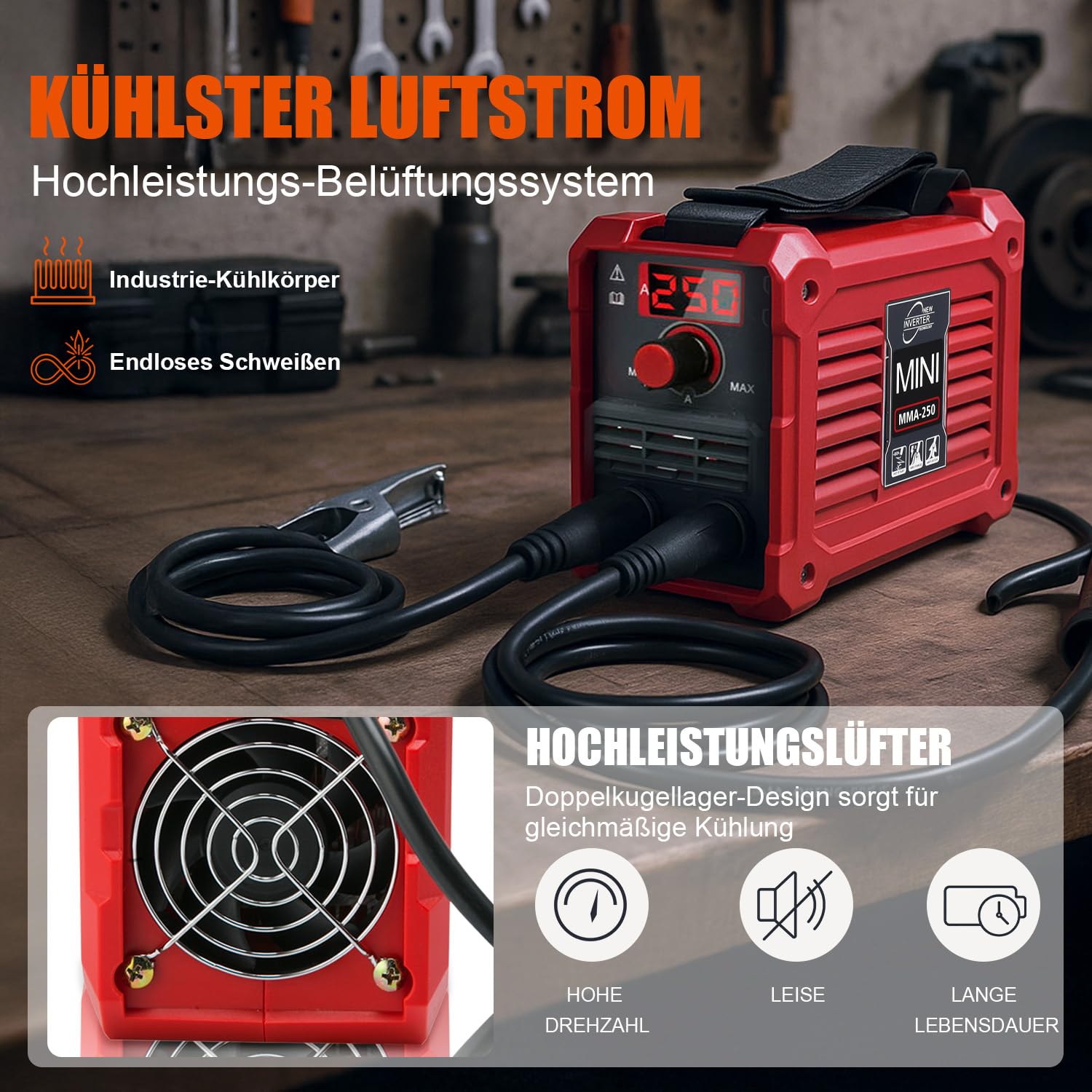 VOBOR Mini Elektroden Schweißgerät, Tragbar DC Inverter mit IGBT Technologie, LED Digital Display & Überhitzungsschutz, Fülldraht Schweißgerät, MMA-250