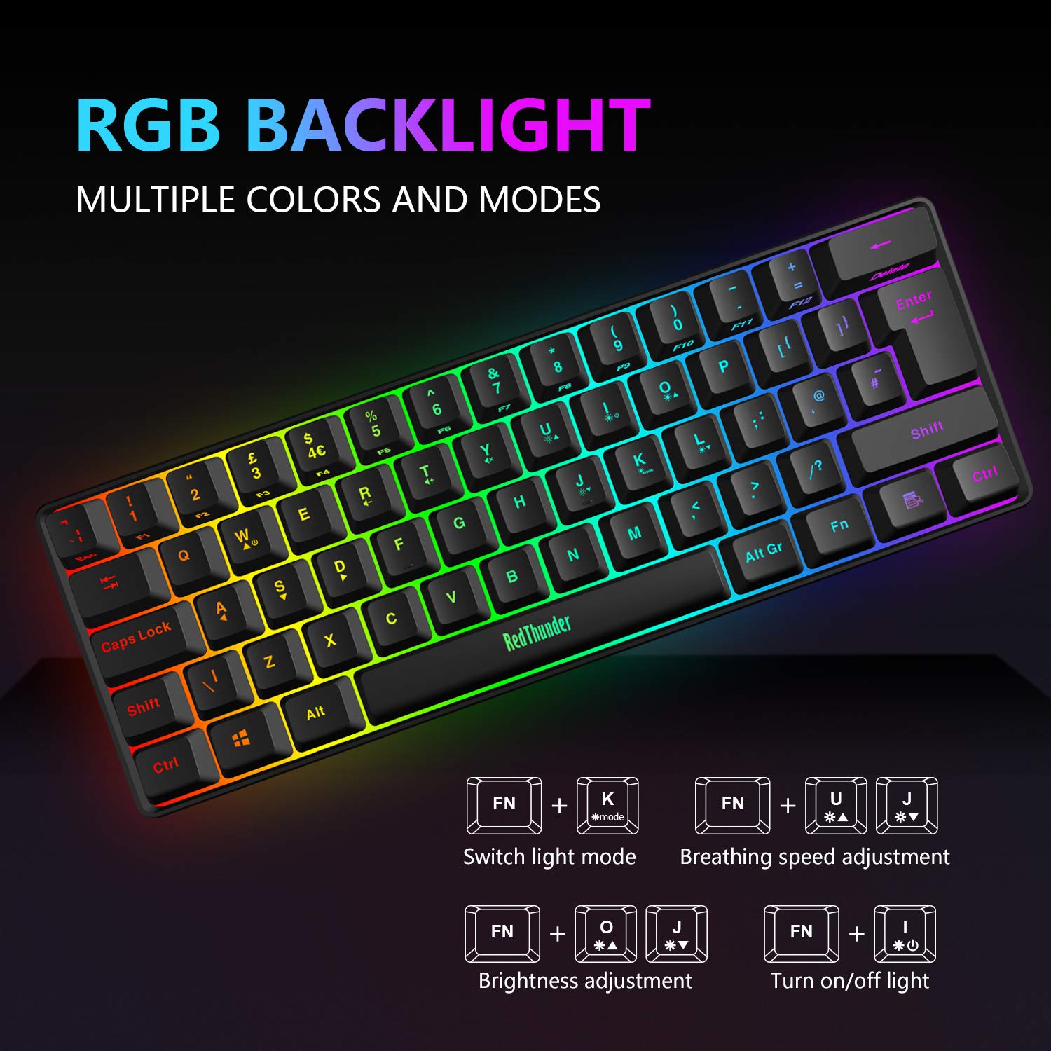 RedThunder 60% juego teclado y ratón combinado, ligero ratón óptico de panal de 7200 DPI, juego de juegos con cable RGB para PC MAC PS5 Xbox Gamer (negro)