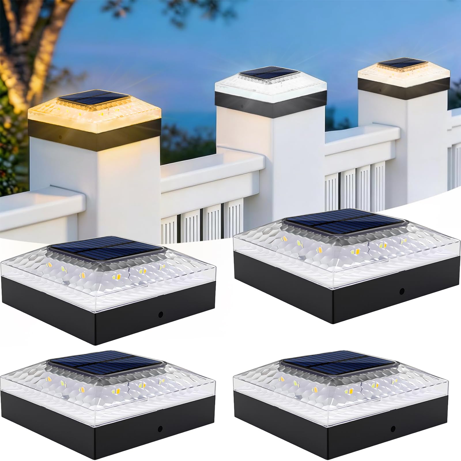 ROMANJOY 4x4 Post Solar Lights, 3 Colors Fence Light Solar Powered, 2 Brightness Solar Post Cap Lights Waterproof for Wood/Vinyl Posts, Garden, Patio, Deck, Hammered Light, 4 Pack