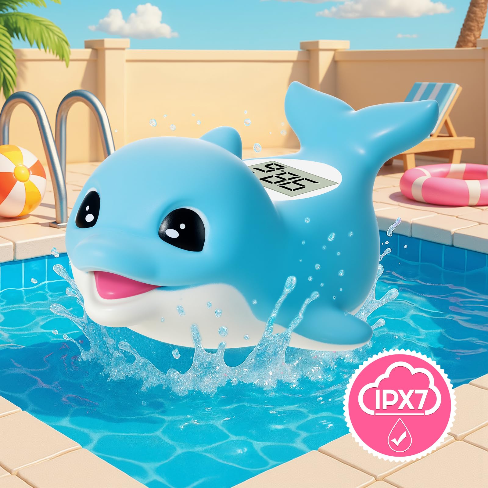 Termometro da bagno per neonato, termometro digitale per la temperatura dell'acqua, giocattolo da bagno galleggiante con delfino, display °C/F, impermeabile e senza BPA