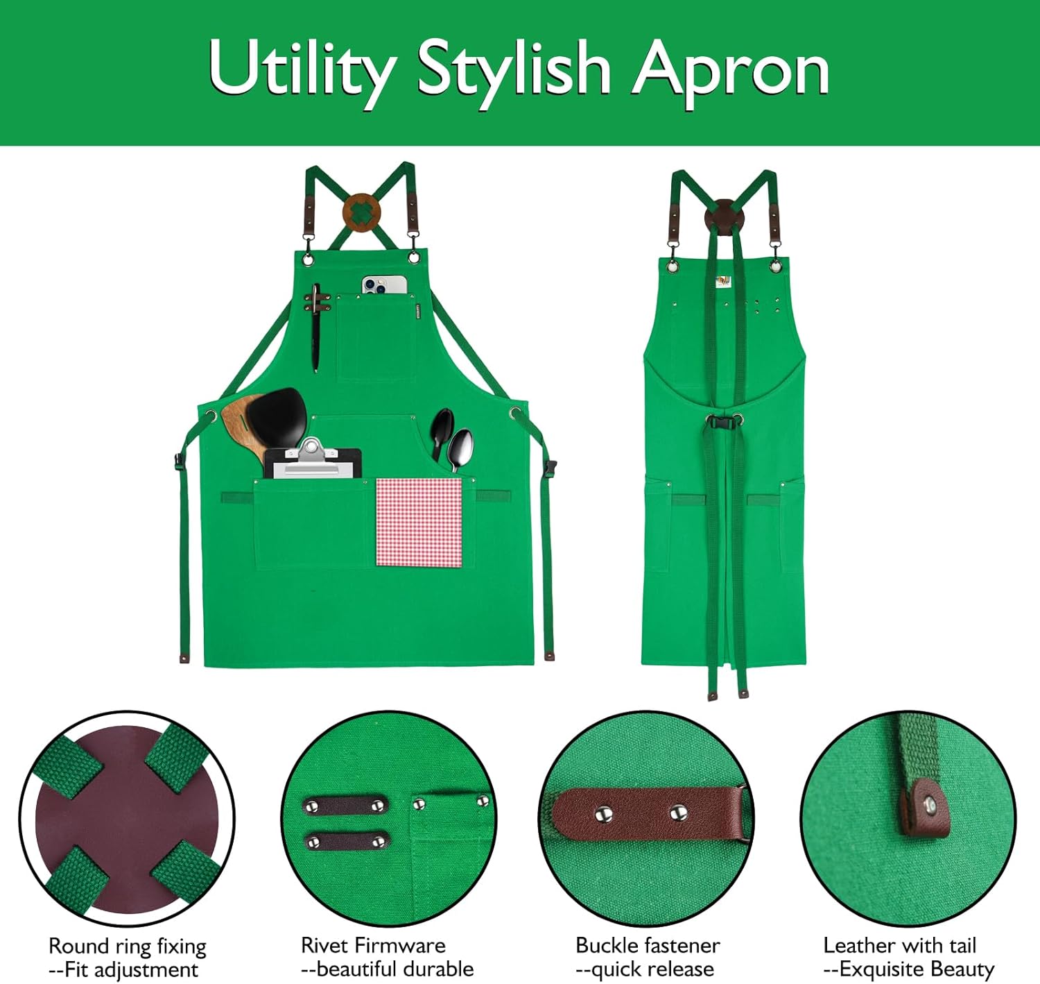 Kitchen Apron, Work Apron, Canvas, Multiple Pockets, Gardening, Painting, BBQ, Artist, Carpenter, Sizes M to XXL, Green - Image 3