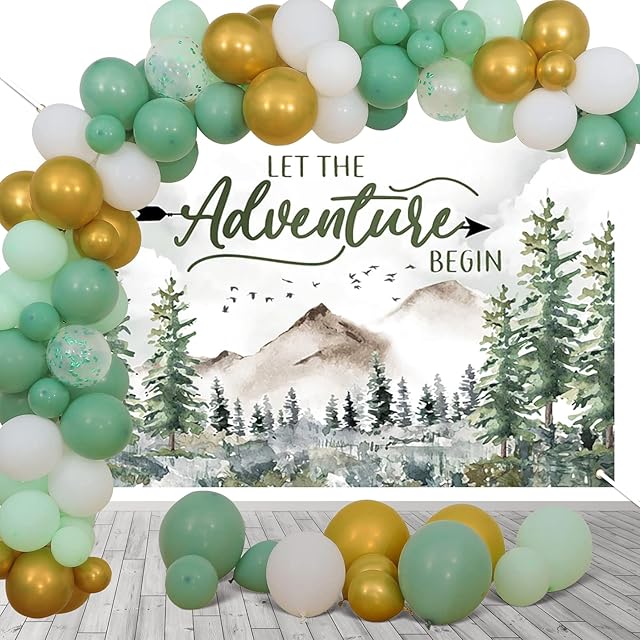 Adventure Baby Shower Decorations Set Adventure Party Decorations Let The Adventure Begin Backdrop,Sage Green Balloon Garland for Travel Themed Party,Greenery Rustic Mountain Forest Woodland Party